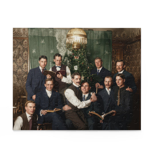 Artwork for a vintage Christmas jigsaw puzzle showing ten men with books gathered beside an ornamented tree beneath an ornate hanging lamp.