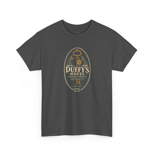 Front and back of the Duffy’s Hotel Cherry Grove Fire Island vintage LGBTQ+ history T-shirt featuring a hotel key emblem and 1940s-style ferry illustration