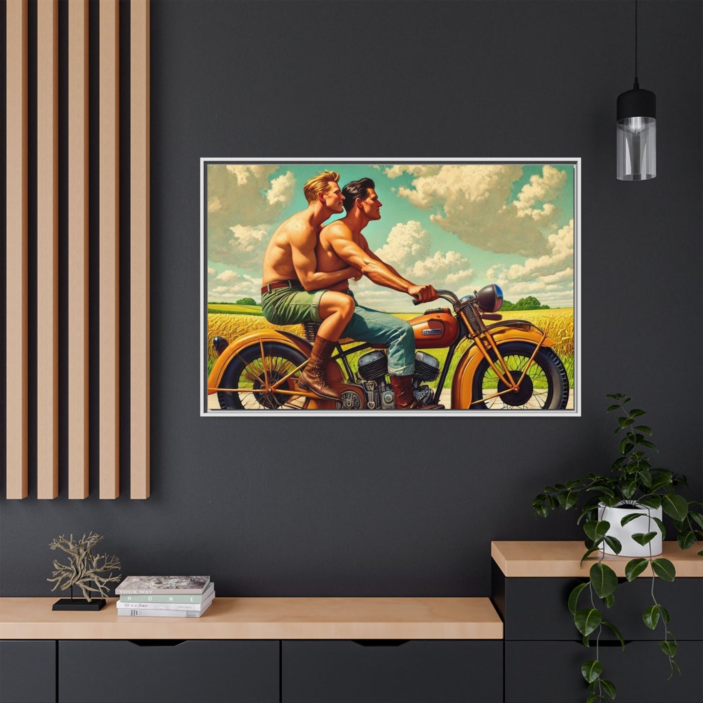 Framed artwork of a gay couple riding a vintage motorcycle through Iowa's countryside, celebrating love, unity, and freedom in a serene setting. Grant Wood Inspiration.