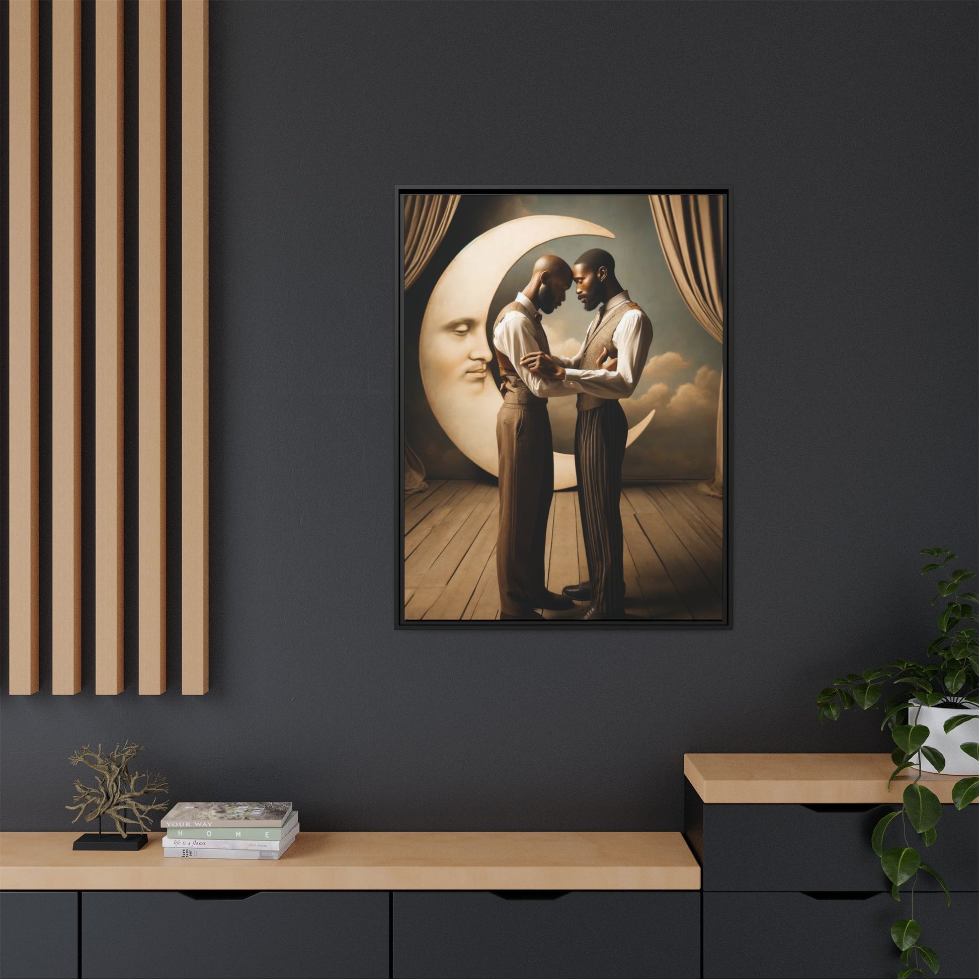 Two Black men in vintage 1920s clothing stand forehead to forehead, embraced beneath a glowing crescent moon. A theatrical scene honoring queer love, memory, and history, reclaiming moments that were never captured due to cultural bias.