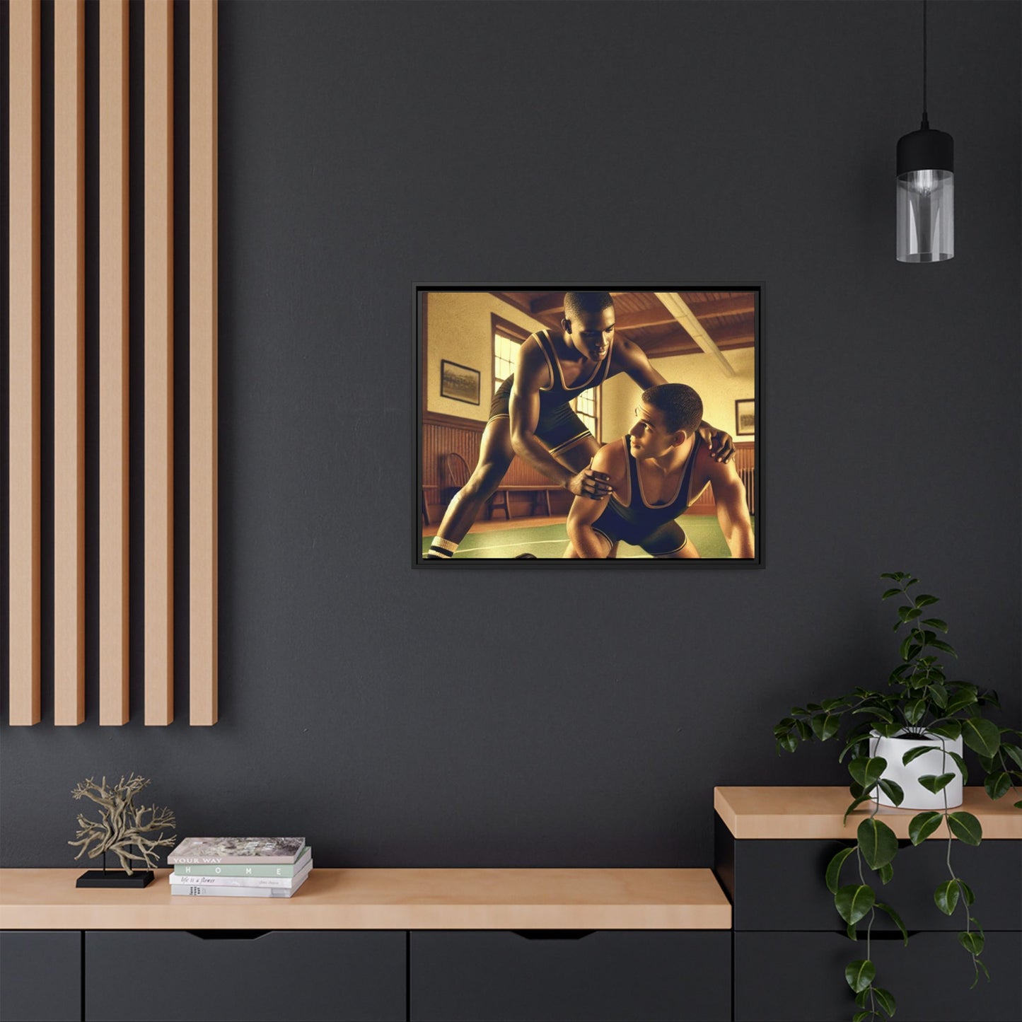 Framed canvas artwork inspired by Grant Wood featuring African-American and European-American wrestlers in a vintage gymnasium. A tribute to unity, diversity, and regionalist art.