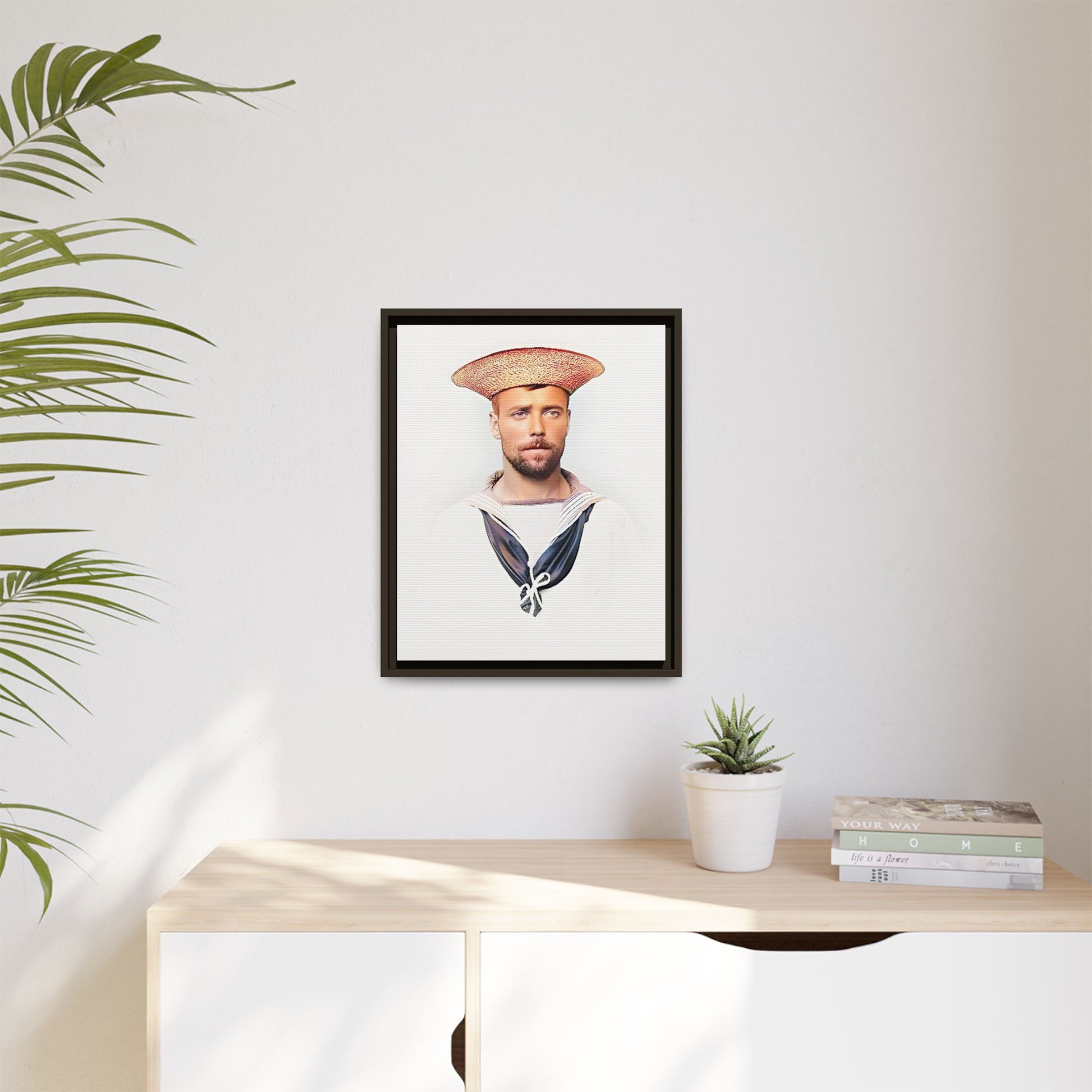 A restored vintage portrait of Elijah, a British sailor in Weihaiwei, China. This framed matte canvas honors naval history, tradition, and duty.