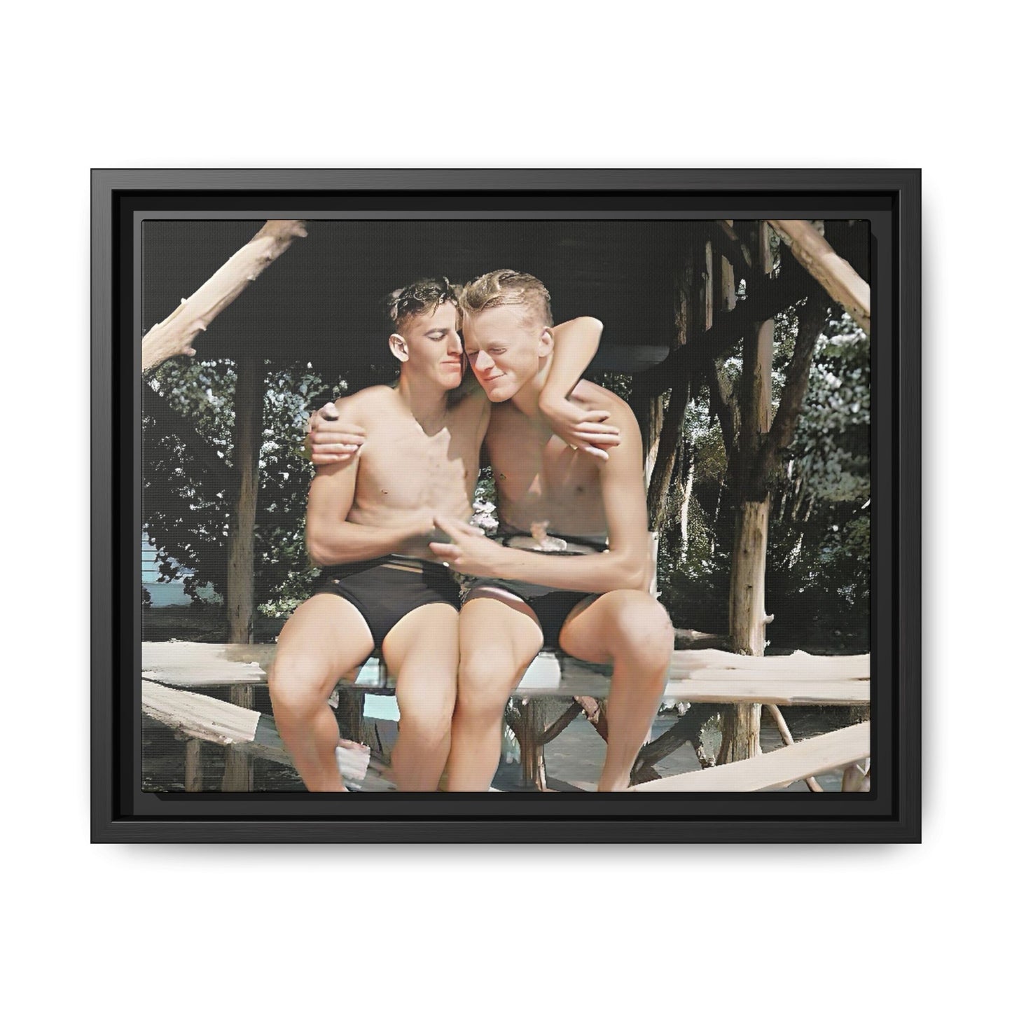 A vintage-inspired framed canvas print featuring Joseph and Billy at Kahena Beach, Hawaii. Their intimate moment under a sunlit pergola captures the warmth of love, freedom, and tropical serenity—perfect for coastal, LGBTQ+, and romantic home decor.