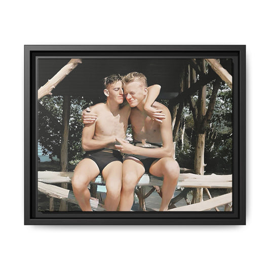 A vintage-inspired framed canvas print featuring Joseph and Billy at Kahena Beach, Hawaii. Their intimate moment under a sunlit pergola captures the warmth of love, freedom, and tropical serenity—perfect for coastal, LGBTQ+, and romantic home decor.