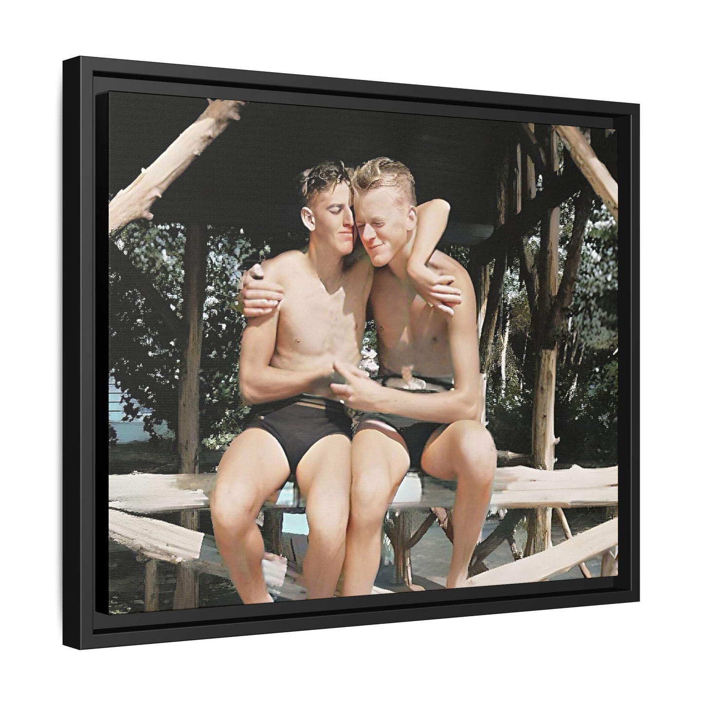 A vintage-inspired framed canvas print featuring Joseph and Billy at Kahena Beach, Hawaii. Their intimate moment under a sunlit pergola captures the warmth of love, freedom, and tropical serenity—perfect for coastal, LGBTQ+, and romantic home decor.