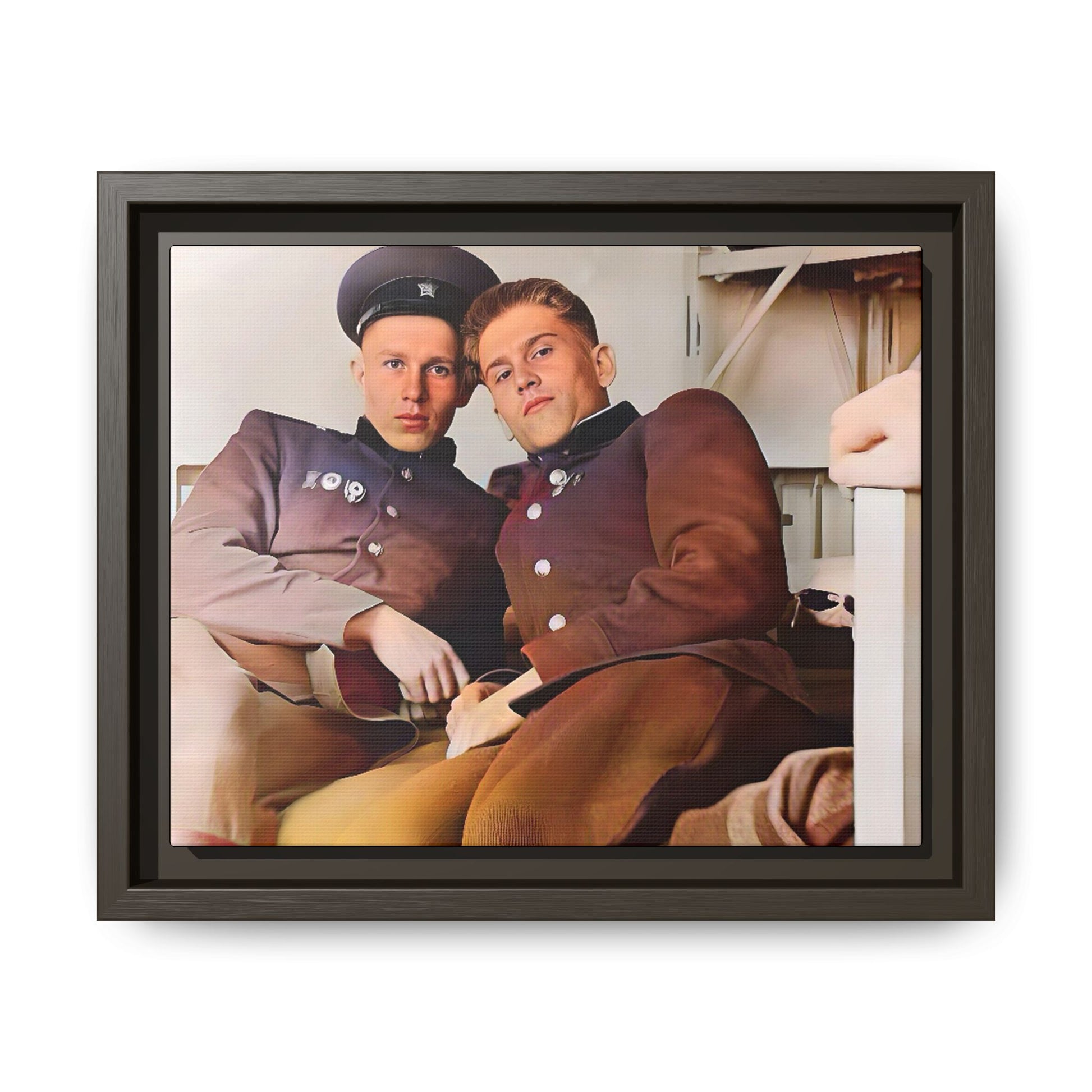 A restored vintage photograph of two Russian soldiers in uniform, seated together in their quarters in Volgograd, Russia. Their relaxed postures and warm expressions capture a moment of camaraderie, resilience, and military history. A powerful tribute to LGBTQ+ representation in the armed forces. Gay Couple Винтажное фото  гей-пара