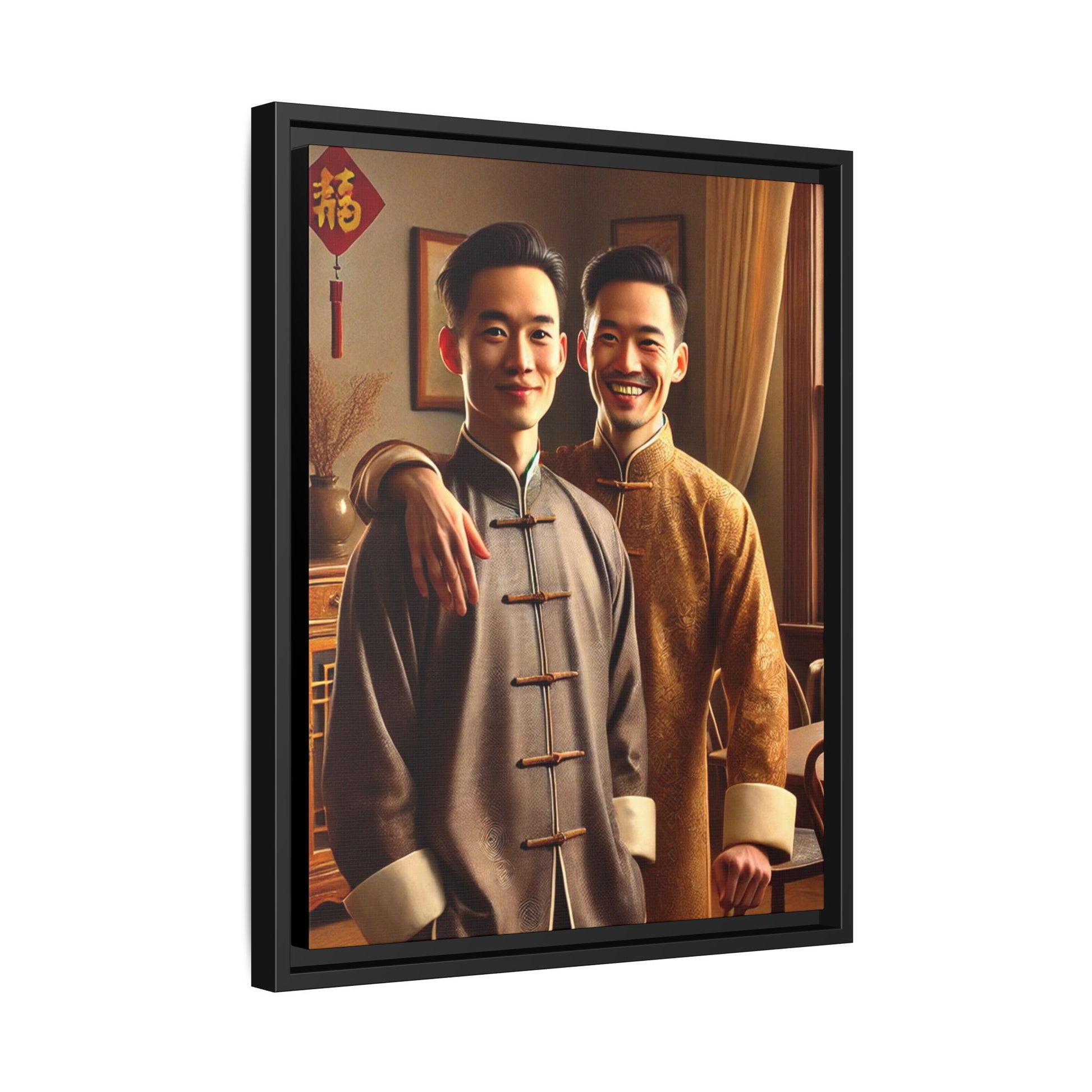 Artwork featuring a joyful portrait of a Chinese queer couple celebrating Chinese New Year in traditional attire. Set in a cozy American home adorned with subtle decorations, this image captures love, cultural pride, and warmth, blending Chinese heritage with a Midwestern setting