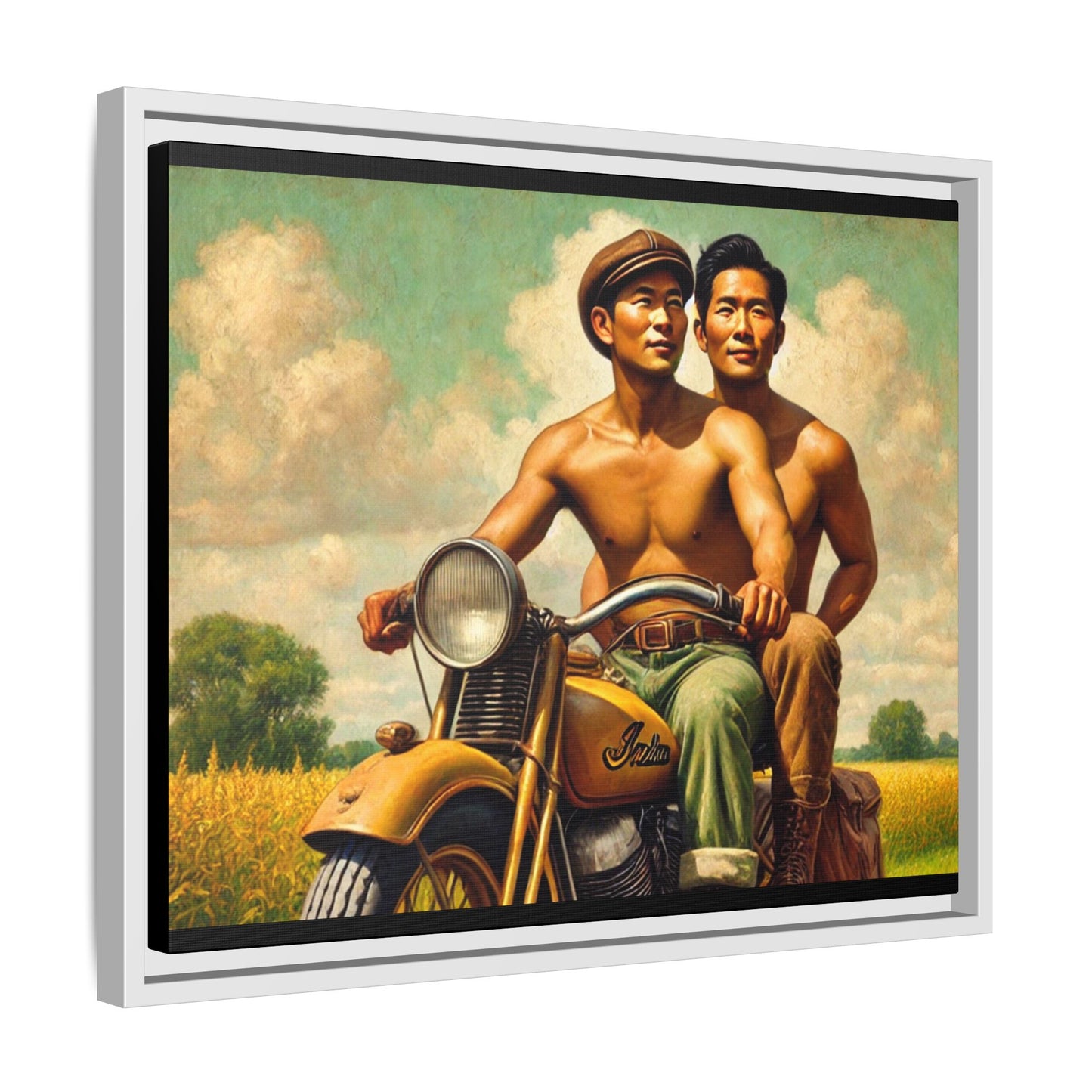 Framed artwork of an Asian-American gay couple riding a vintage yellow motorcycle through Iowa's serene countryside, celebrating love and unity.