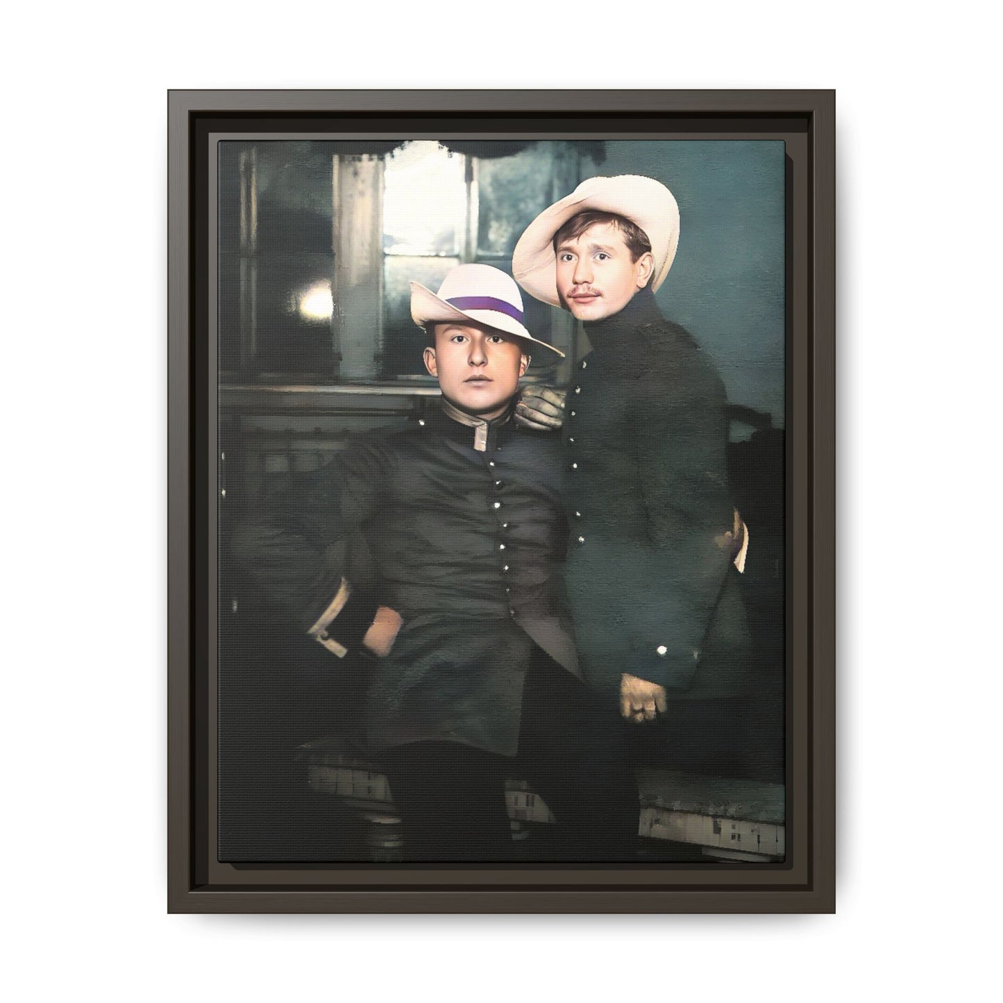Restored vintage photograph of Flavio and Eustolio, an early 20th-century Gay military couple from El Paso, Texas. Displayed as a framed matte canvas print, showcasing timeless love and resilience