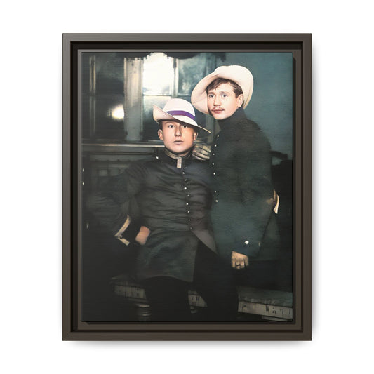 Restored vintage photograph of Flavio and Eustolio, an early 20th-century Gay military couple from El Paso, Texas. Displayed as a framed matte canvas print, showcasing timeless love and resilience