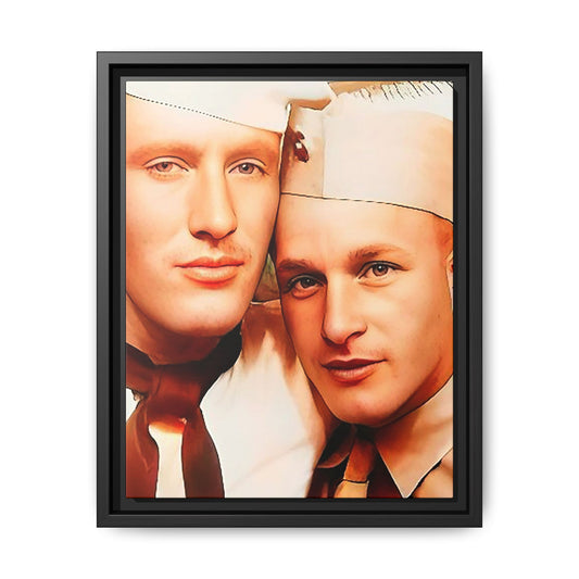 Vintage Gay photo booth portrait of Glenn & Sidney in Nantucket, MA. A heartwarming tribute to queer history, captured in a candid embrace. Available as a matte canvas print, perfect for celebrating love, identity, and nostalgia. Military Portrait