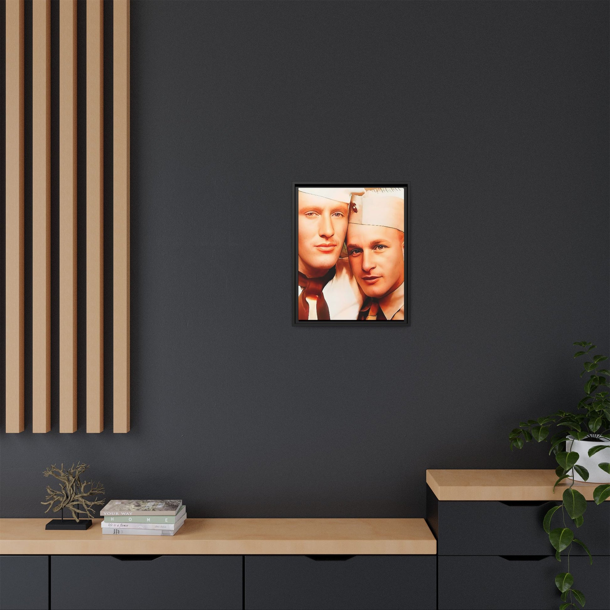 Vintage Gay photo booth portrait of Glenn & Sidney in Nantucket, MA. A heartwarming tribute to queer history, captured in a candid embrace. Available as a matte canvas print, perfect for celebrating love, identity, and nostalgia. Military Portrait