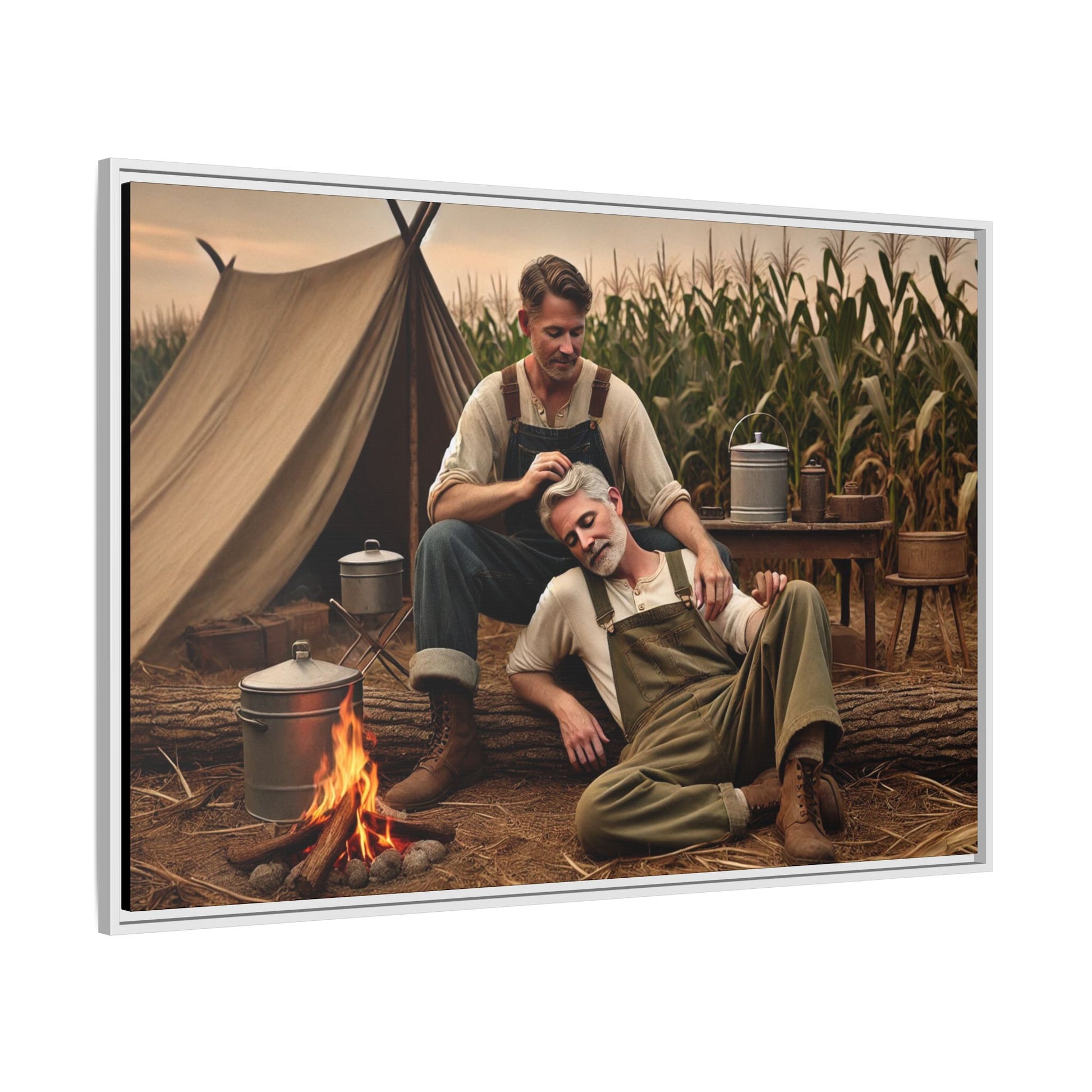 Older queer couple sharing a tender moment by the campfire, celebrating love
