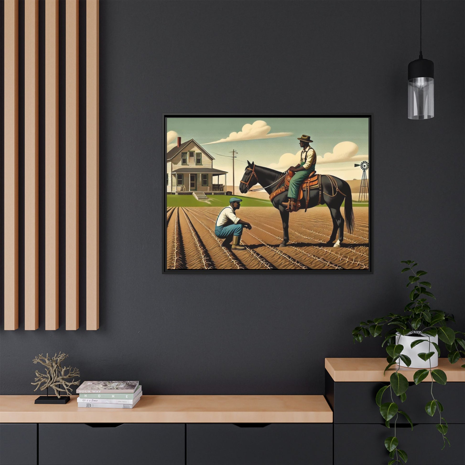 Artwork of an African American queer couple working together on a farm in a serene, vintage-inspired landscape. One man sits on horseback, gazing warmly at his partner, who examines the soil, symbolizing their partnership in both love and labor. The scene captures resilience, companionship, and the beauty of rural life.
