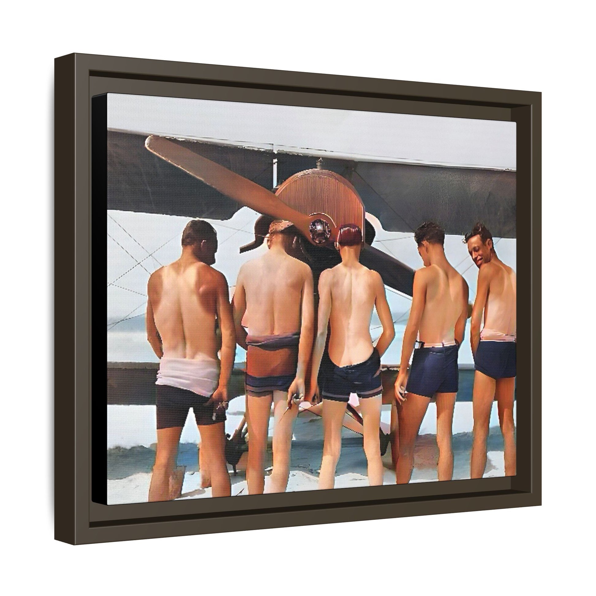 A beautifully restored vintage photograph of five men standing on a sunlit Key West beach with a vintage aircraft in the background. This nostalgic canvas print captures coastal adventure, camaraderie, and the free spirit of aviation history. Men urinating