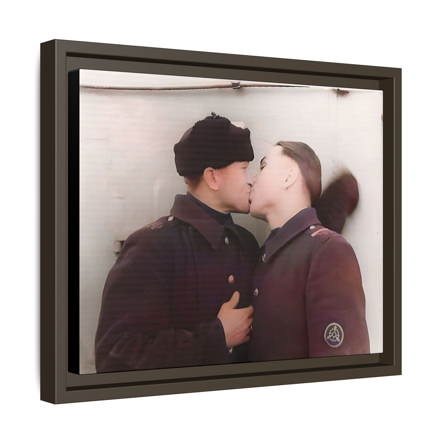 A restored vintage photograph of two Russian soldiers in uniform sharing an intimate moment at a military outpost in Surgut, Russia. Their embrace reflects resilience, love, and defiance against societal norms, making this a powerful tribute to LGBTQ+ history and wartime romance. Винтажное фото | гей-пара