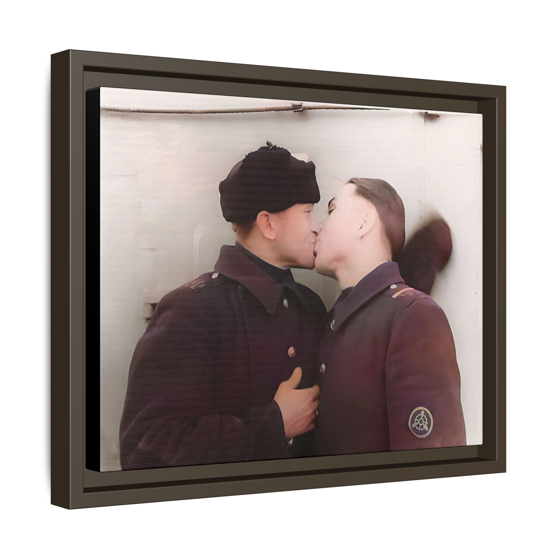 A restored vintage photograph of two Russian soldiers in uniform sharing an intimate moment at a military outpost in Surgut, Russia. Their embrace reflects resilience, love, and defiance against societal norms, making this a powerful tribute to LGBTQ+ history and wartime romance. Винтажное фото | гей-пара