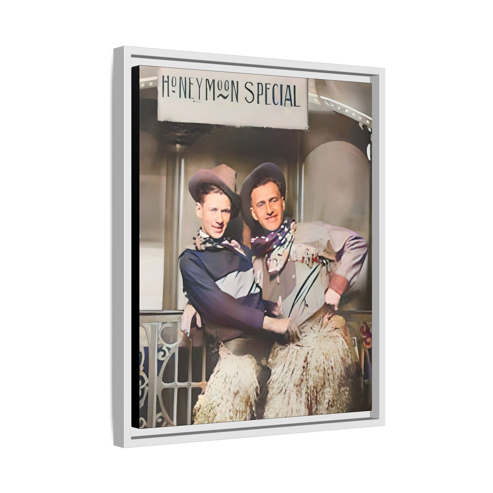 Vintage portrait of Harry & Earl in whimsical cowboy attire under the "Honeymoon Special" sign, set in 1920s San Antonio. Framed matte canvas art celebrating LGBTQ+ love and rustic Americana charm. Perfect for history enthusiasts and rustic decor lovers. Gay Marriage Wedding Gift