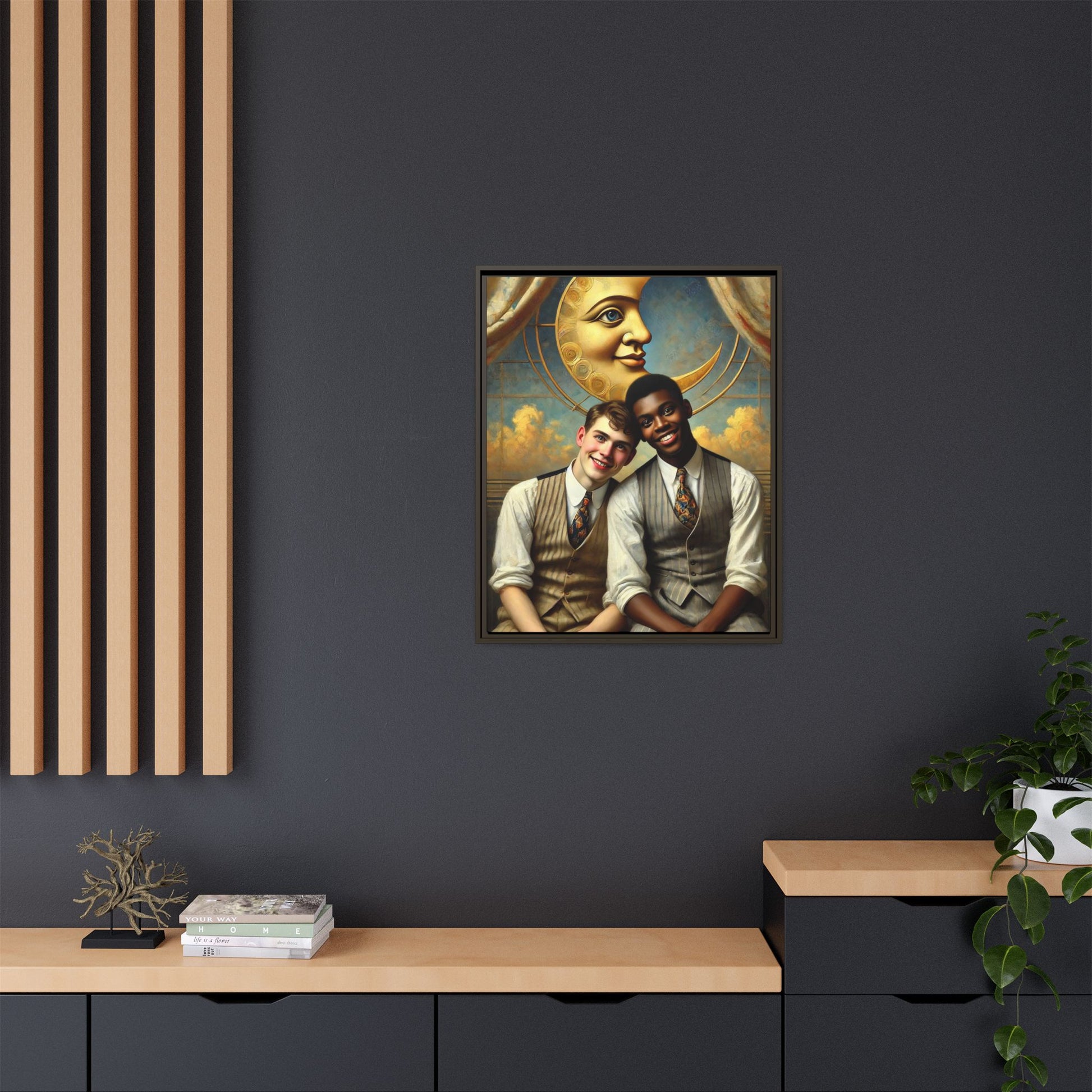 A vintage-style artwork showing a young interracial gay couple in 1920s attire sitting beneath a golden crescent moon with a serene expression. Their joyful closeness reclaims erased queer history and reflects the beauty of interracial love through a lens of tenderness and celebration.