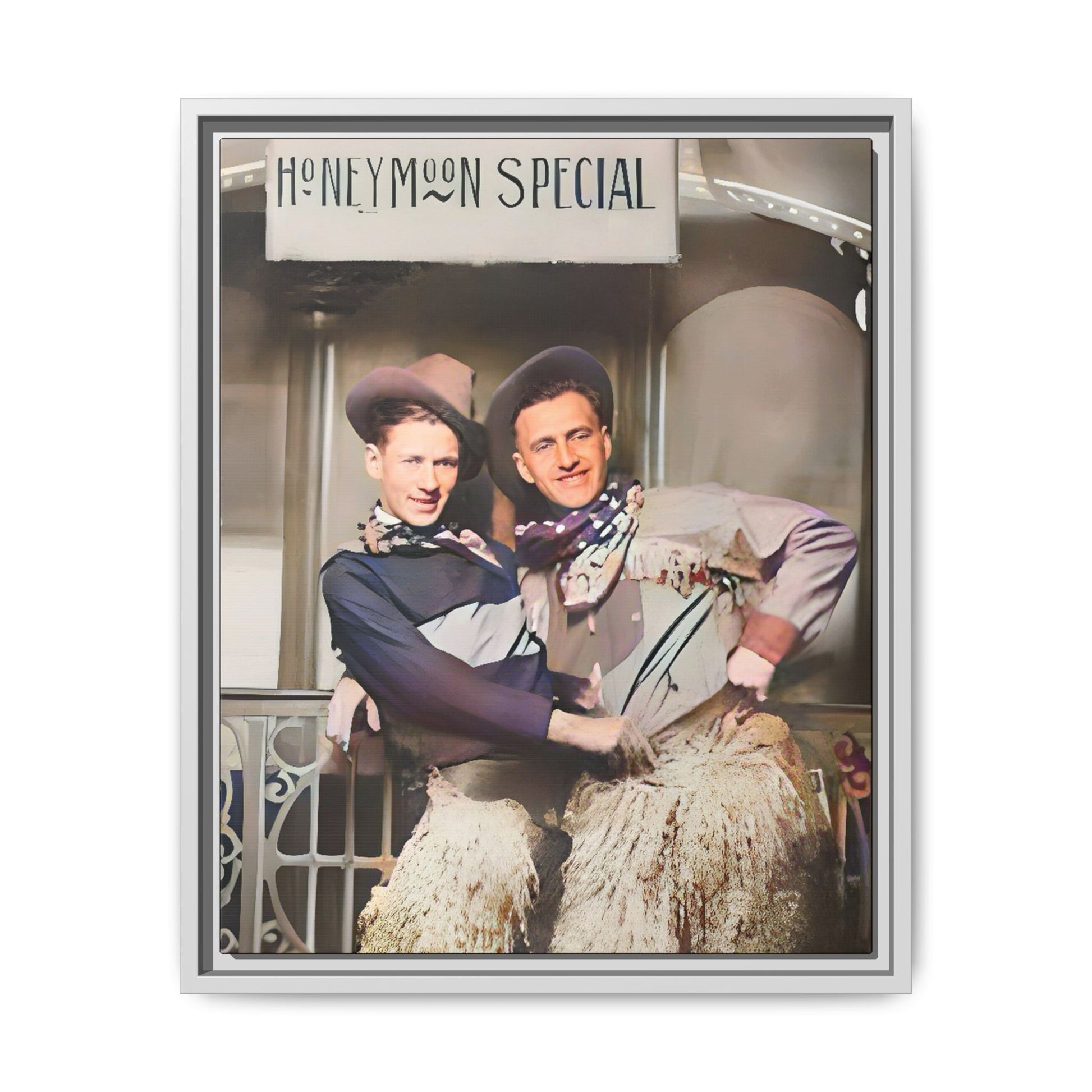 Vintage portrait of Harry & Earl in whimsical cowboy attire under the "Honeymoon Special" sign, set in 1920s San Antonio. Framed matte canvas art celebrating LGBTQ+ love and rustic Americana charm. Perfect for history enthusiasts and rustic decor lovers. Gay Marriage Wedding Gift