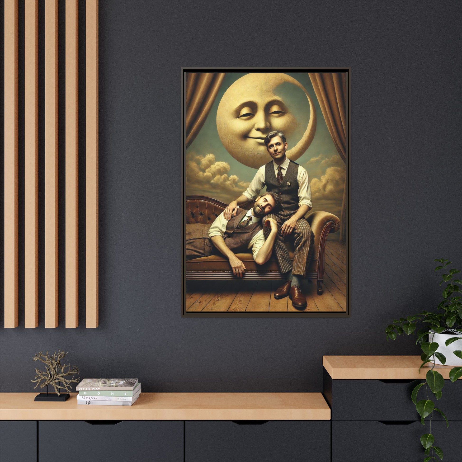 Vintage-style artwork of two men in 1920s clothing sitting close, one resting his head on the other’s lap beneath a smiling moon. Surrounded by theatrical curtains and clouds, this original piece honors lost queer love and challenges historical erasure with tenderness and pride.