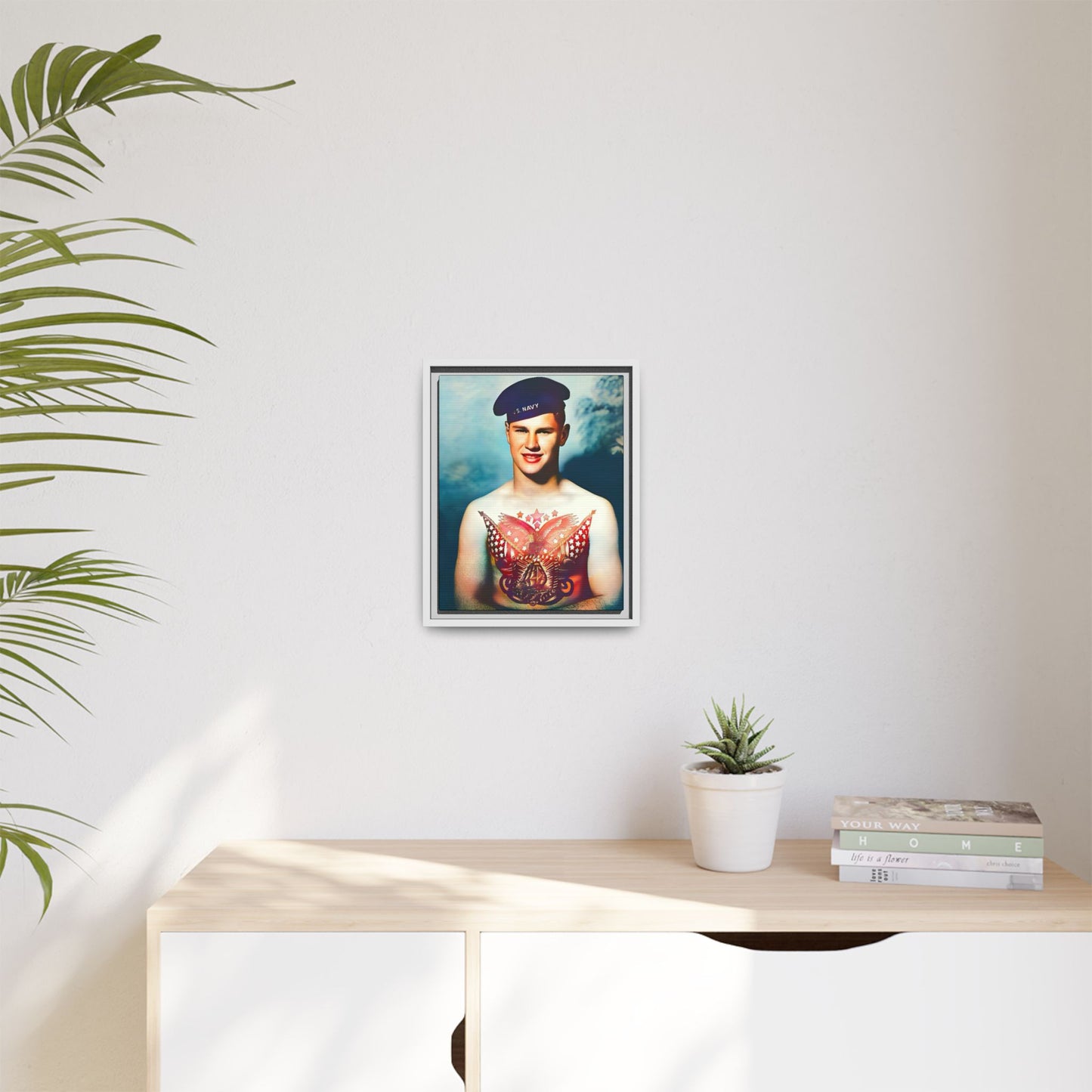A striking vintage portrait of Charlie, a proud U.S. Navy sailor at Norfolk Navy Yard, showcasing a patriotic tattoo. This framed matte canvas print celebrates military history, individuality, and LGBTQ+ representation—perfect for collectors and history enthusiasts.