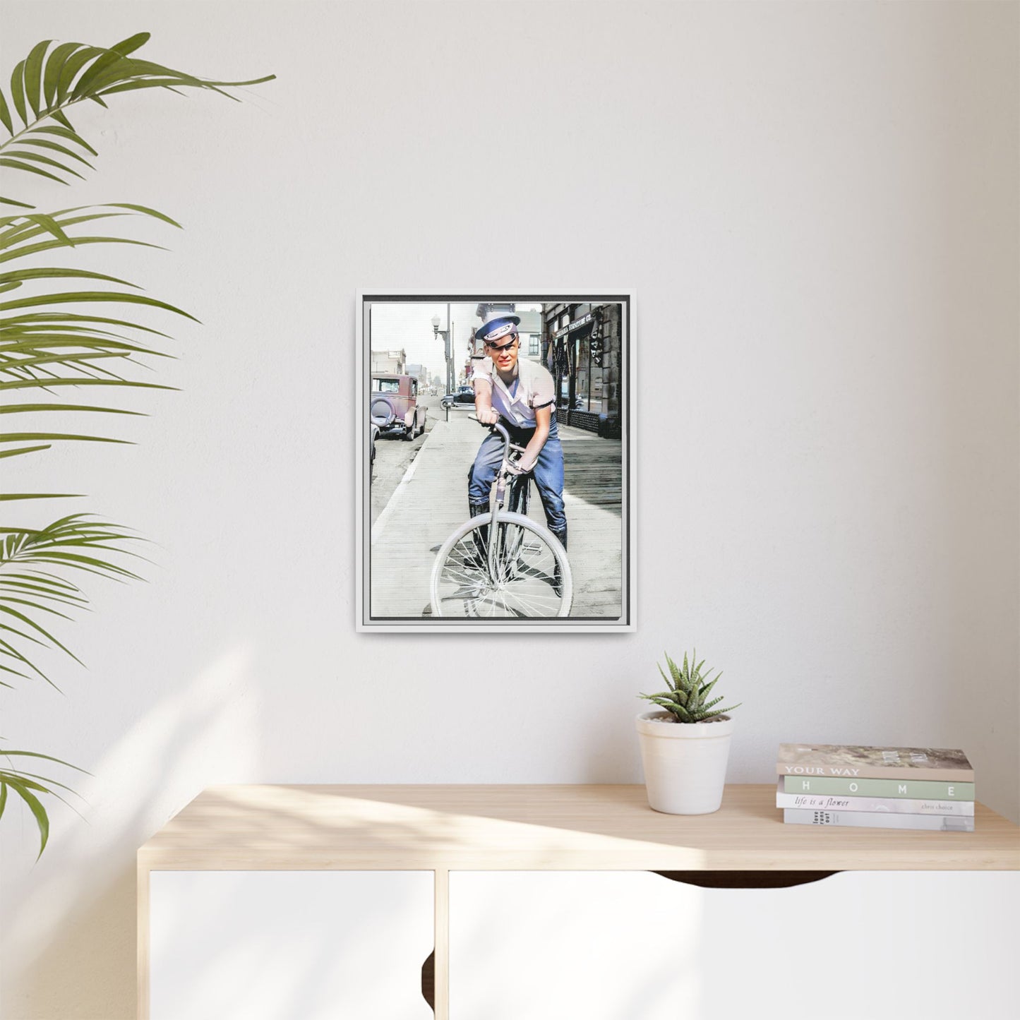 A framed vintage portrait on matte canvas featuring Cecil in Elk City, Oklahoma, capturing the spirit of 1930s small-town Americana. Classic Bicycle Photo