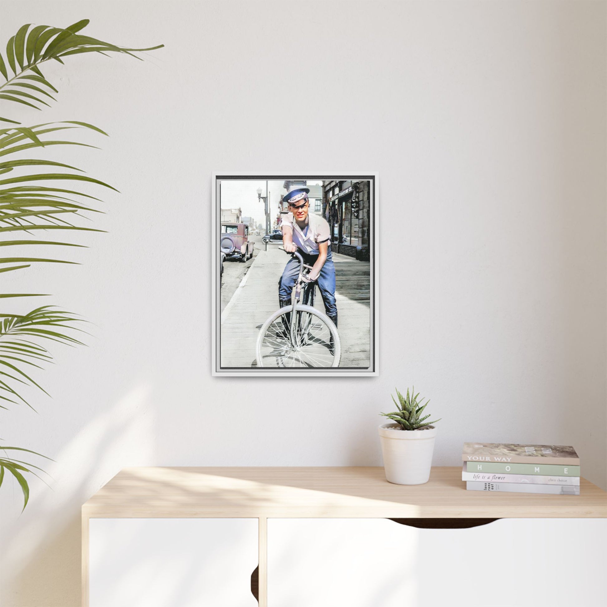 A framed vintage portrait on matte canvas featuring Cecil in Elk City, Oklahoma, capturing the spirit of 1930s small-town Americana. Classic Bicycle Photo