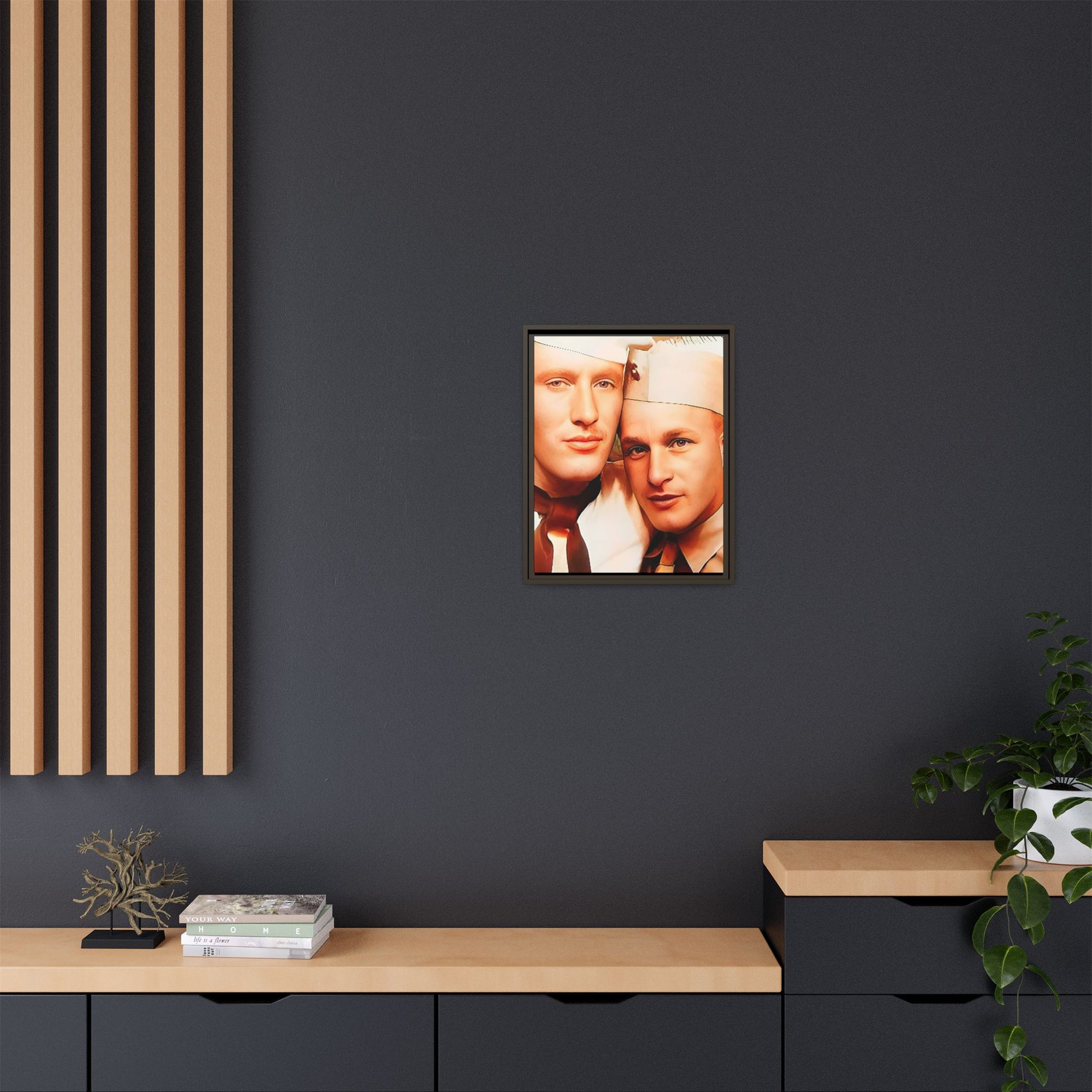 Vintage Gay photo booth portrait of Glenn & Sidney in Nantucket, MA. A heartwarming tribute to queer history, captured in a candid embrace. Available as a matte canvas print, perfect for celebrating love, identity, and nostalgia. Military Portrait