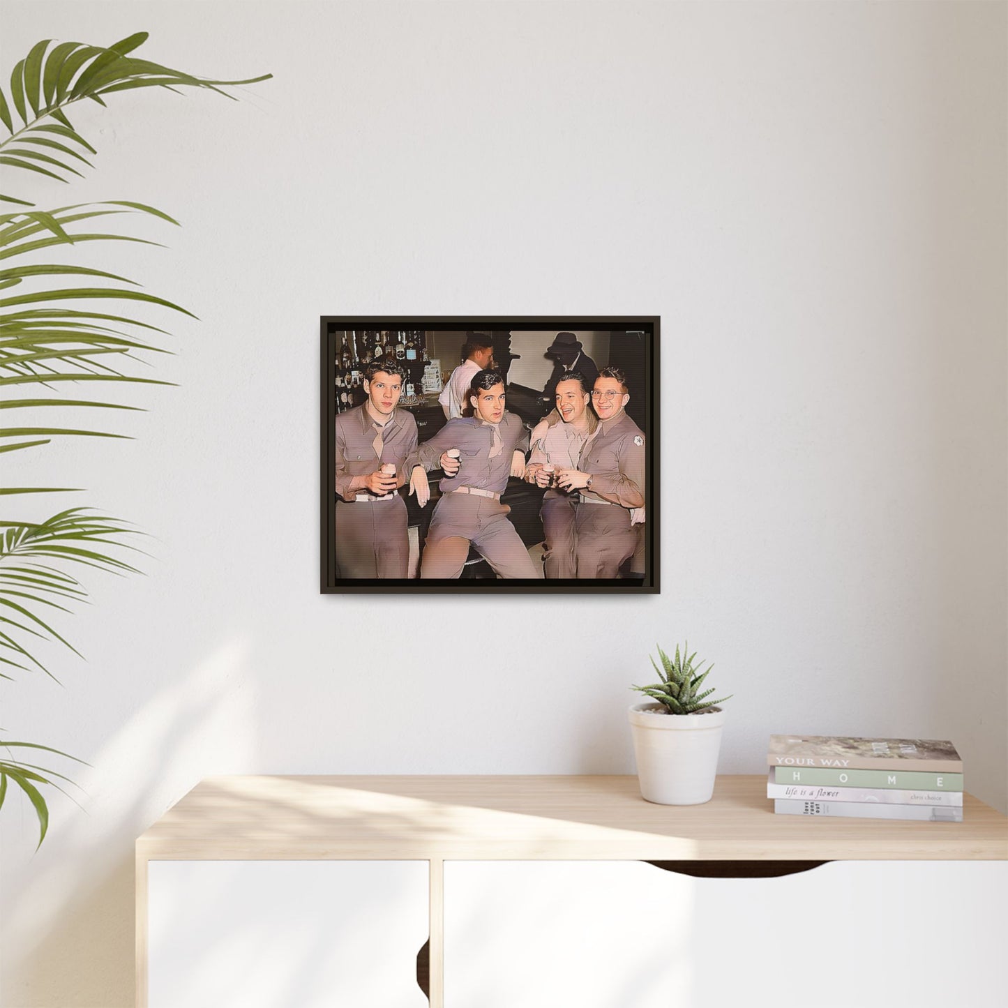 Restored vintage photograph of soldiers in uniform gathered at Jackson's gay bar in mid-20th century San Francisco. Framed matte canvas print celebrating camaraderie, resilience, and LGBTQ+ history