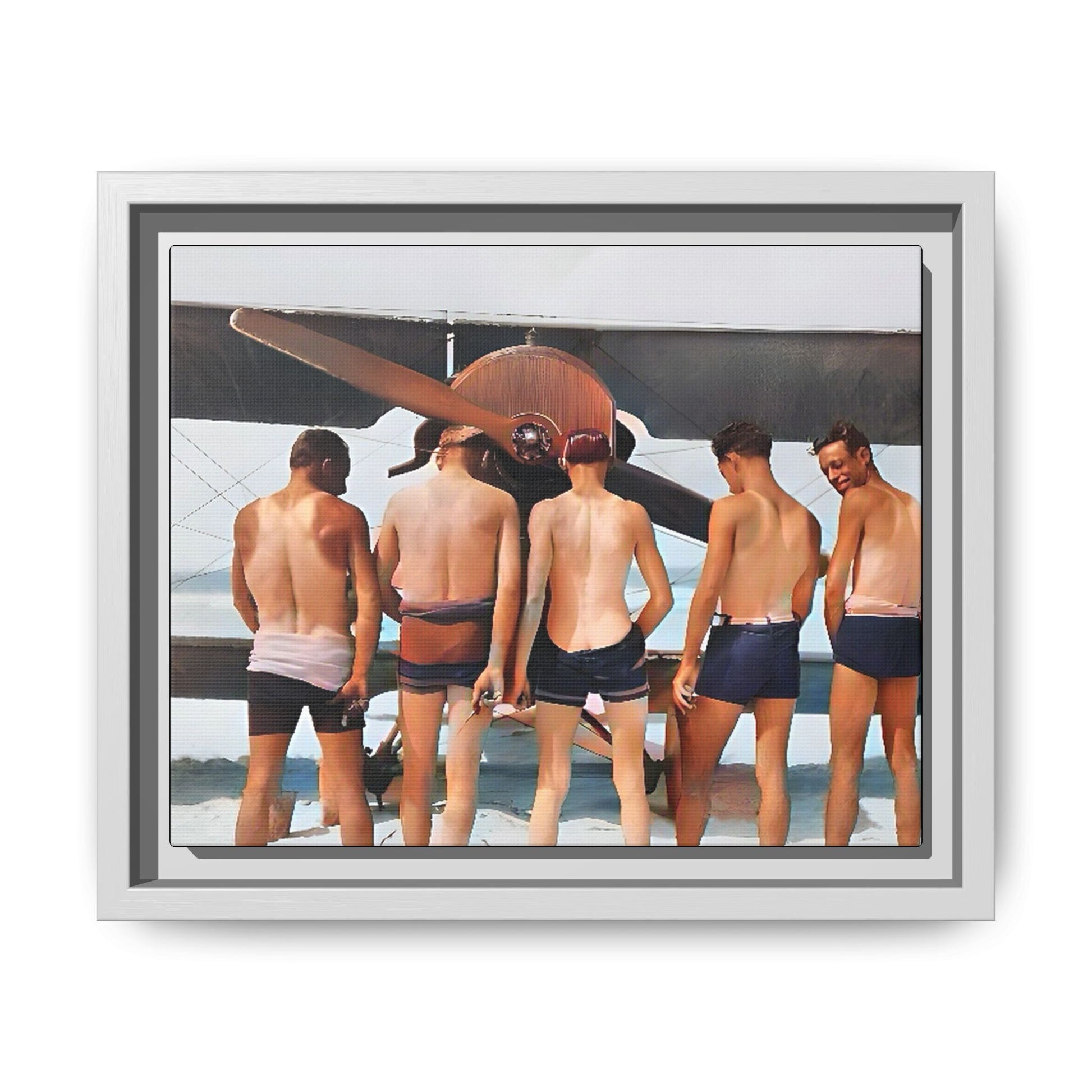 A beautifully restored vintage photograph of five men standing on a sunlit Key West beach with a vintage aircraft in the background. This nostalgic canvas print captures coastal adventure, camaraderie, and the free spirit of aviation history. Men urinating