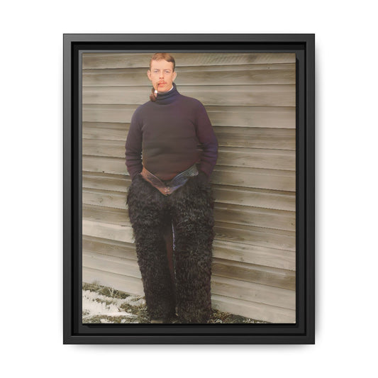 A striking vintage portrait of Stephen in Fairbanks, Alaska, wearing fur chaps and a high-neck sweater. This framed canvas print captures the rugged frontier spirit, making it a perfect decor piece for rustic homes, collectors, and history enthusiasts.
