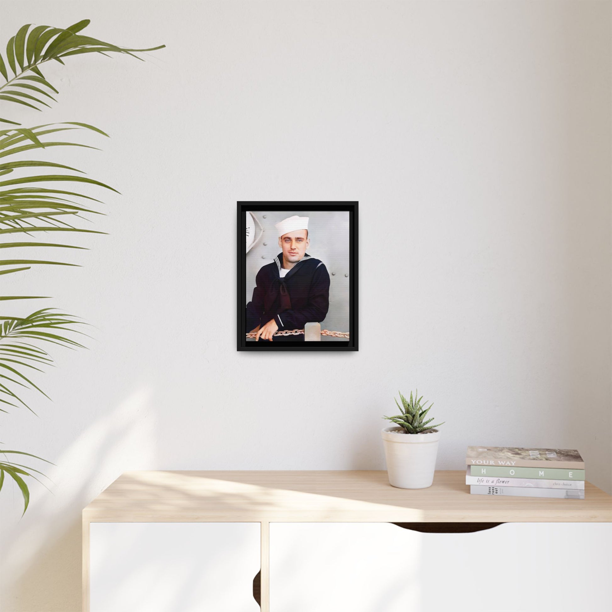 A restored vintage portrait of Francis aboard the USS Might. This framed matte canvas captures naval history, service, and timeless duty.