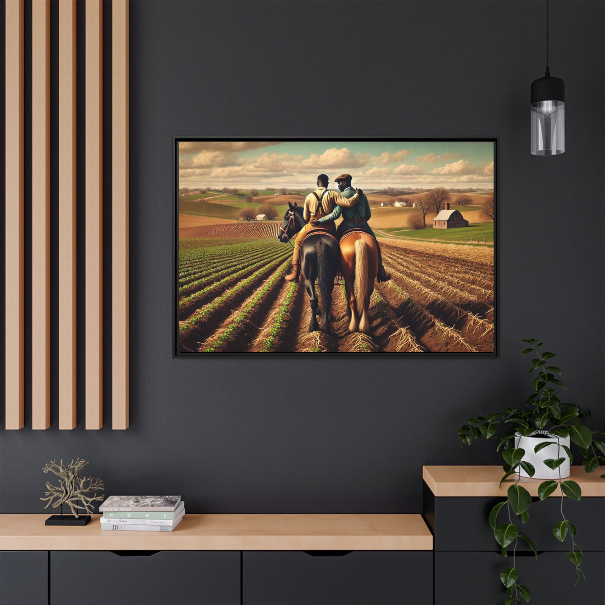 Artwork of an African-American gay couple riding horseback through expansive farmland, sharing a tender moment as they overlook lush fields. Dressed in rugged vintage attire, this scene captures resilience, love, and the charm of rural life, celebrating LGBTQ+ history and African-American heritage.