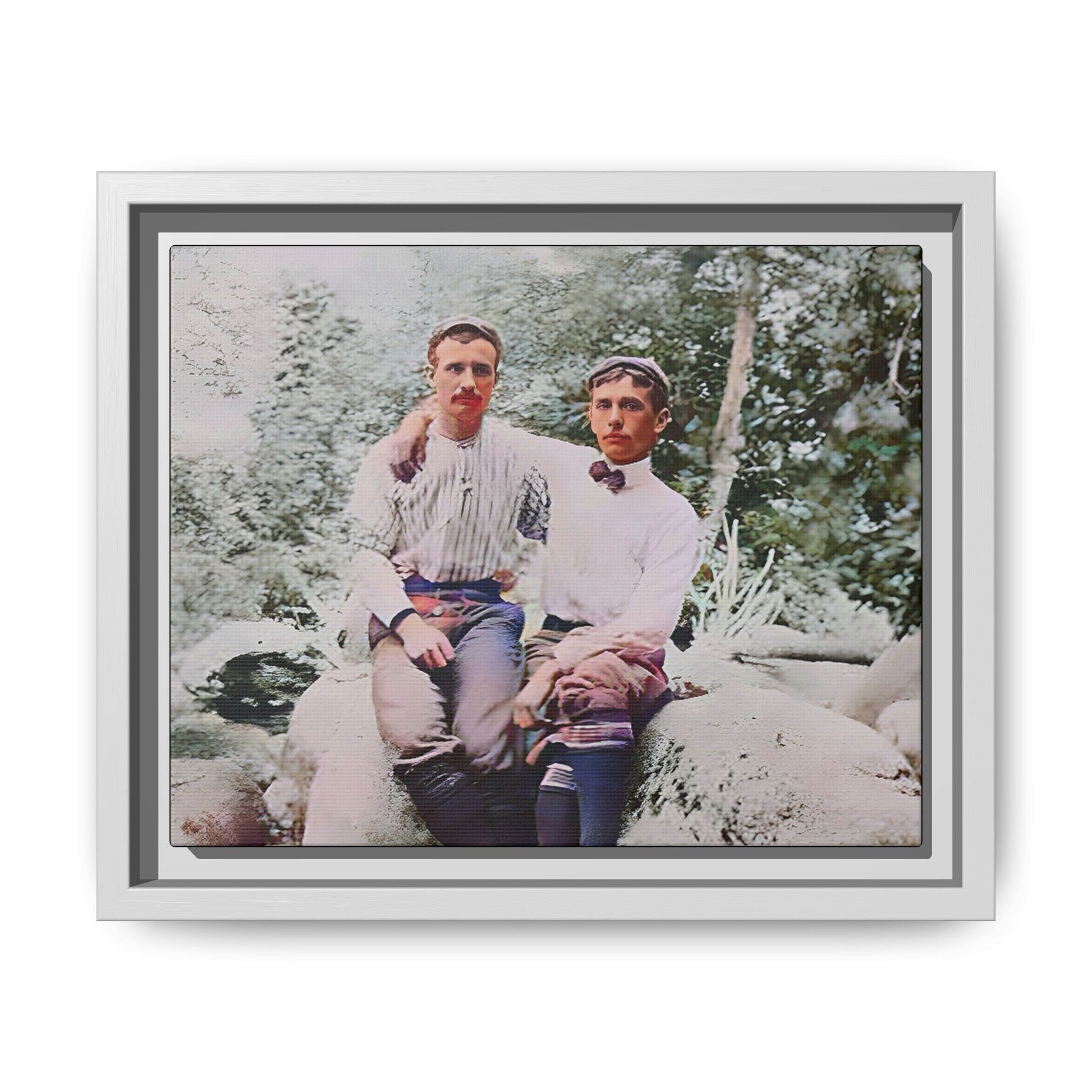 A framed vintage love portrait on matte canvas featuring Grover and Emil in Villamont, Virginia, capturing timeless LGBTQ+ connection and companionship. Gay Couple