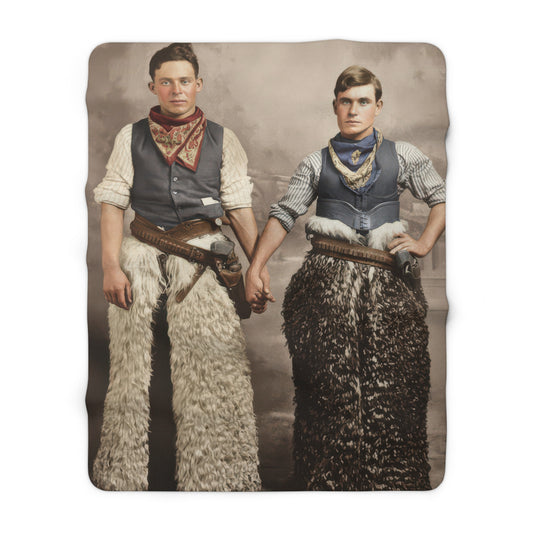 Cozy fleece sherpa throw featuring two young men in historical western attire
