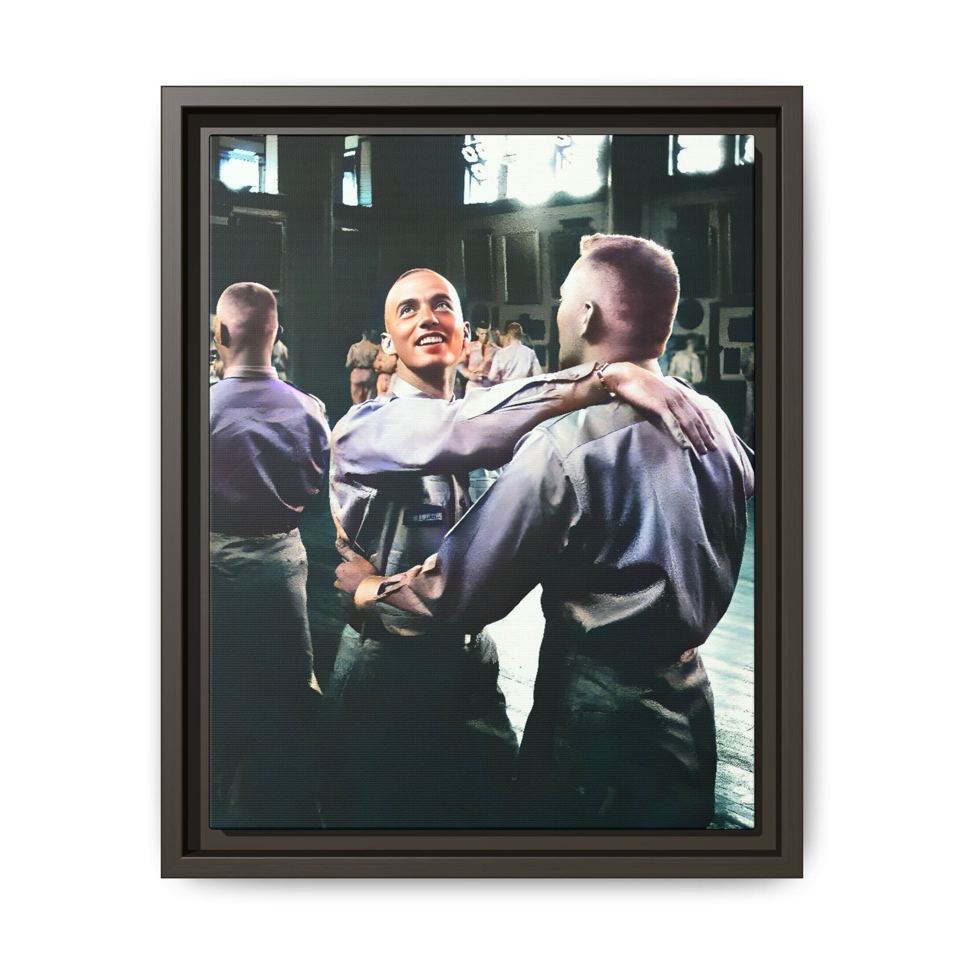 Restored mid-20th century photo of two men dancing at a USO event in Fort Belvoir, celebrating LGBTQ+ love and resilience, framed as wall décor Gay Couple