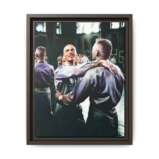 Restored mid-20th century photo of two men dancing at a USO event in Fort Belvoir, celebrating LGBTQ+ love and resilience, framed as wall décor Gay Couple