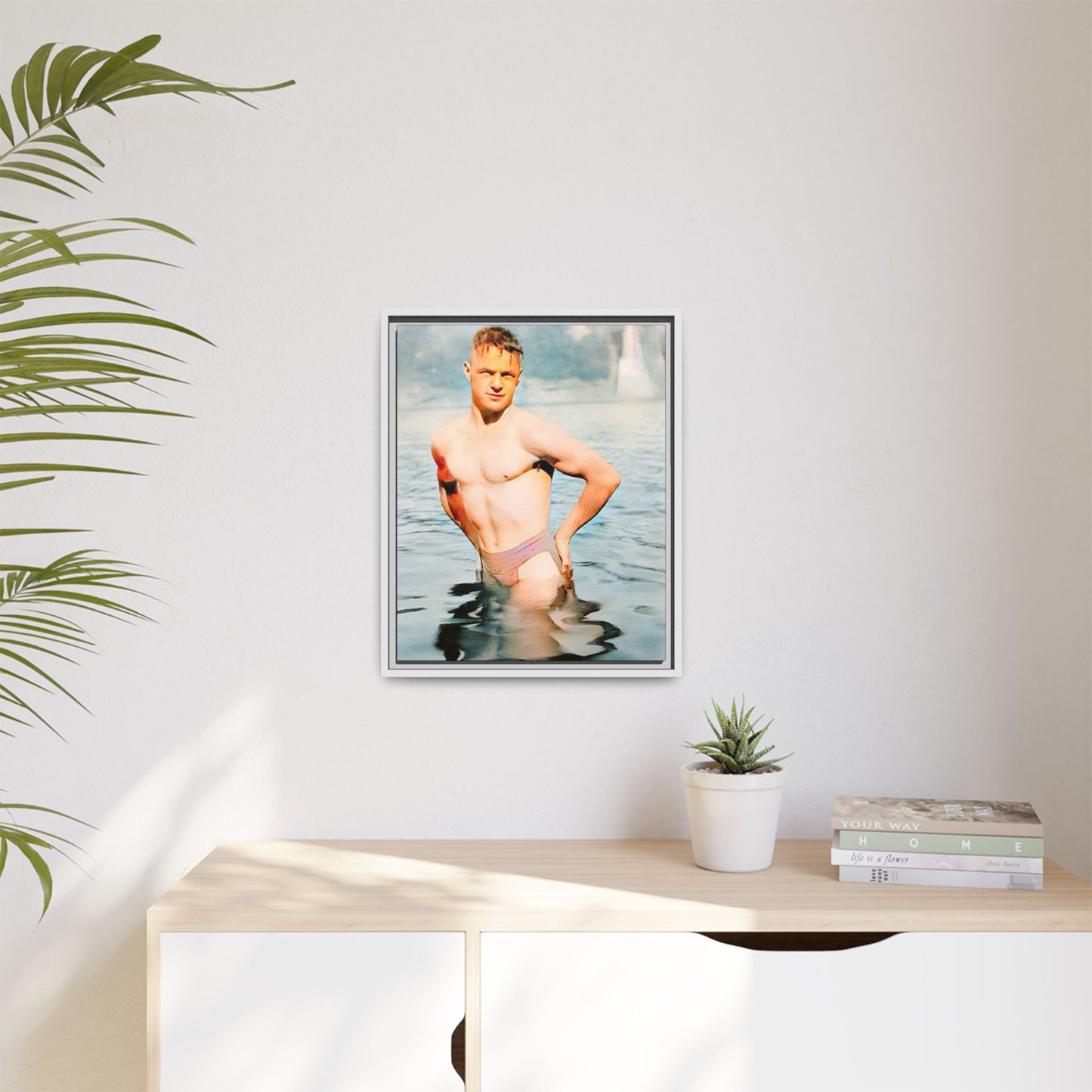 Restored 1940s vintage photo of Lewis standing waist-deep in Lake Wawasee, Indiana, radiating confidence and vitality, framed as wall art.