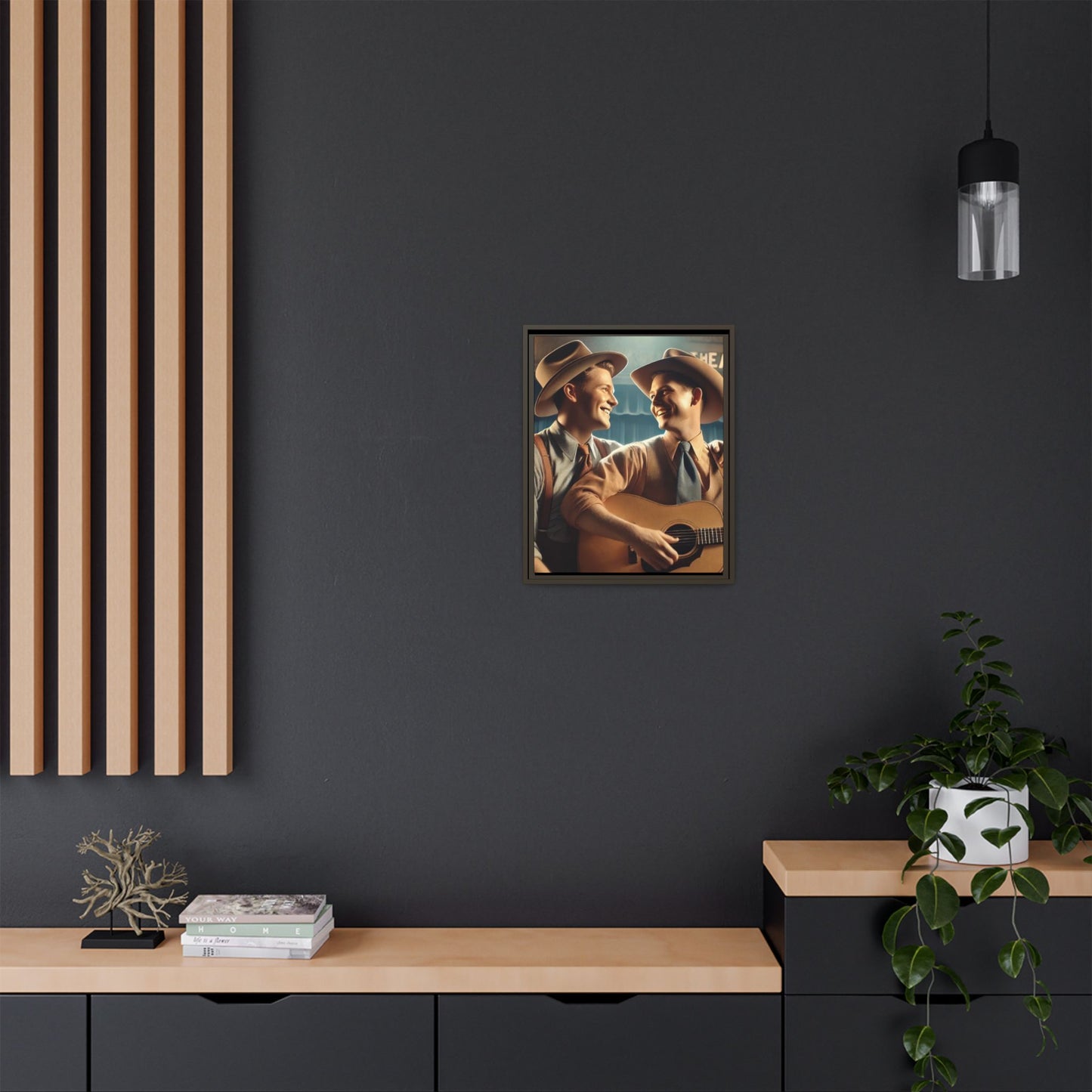 Artwork of a gay couple recording a country-western song in a 1930s-style studio. Dressed in classic Western attire with wide-brimmed hats and button-up shirts, the two men share an affectionate gaze, capturing love and unity in a nostalgic, vintage setting.