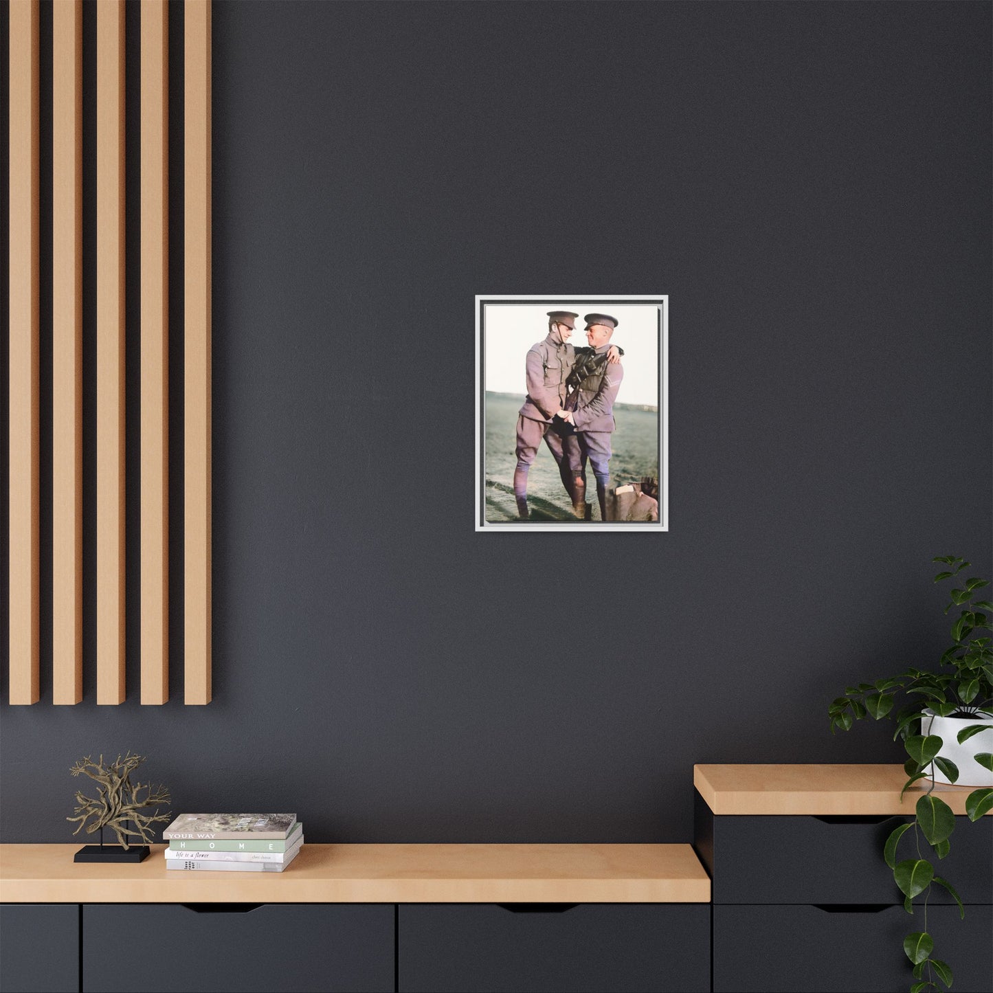A restored vintage military portrait of Lee & Clifford, soldiers in the Battle of Amiens. This framed matte canvas honors LGBTQ+ history, resilience, and love in wartime.