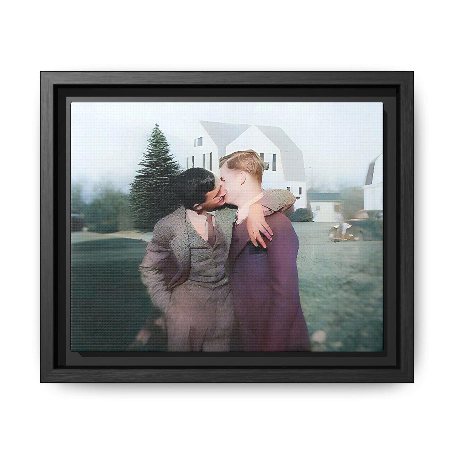 A vintage LGBTQ+ portrait of Milton & Shawn in Londonderry, NH. This framed matte canvas captures a timeless moment of love and resilience, making it a perfect piece for collectors, history enthusiasts, and those celebrating love in all forms. Gay Couple Art