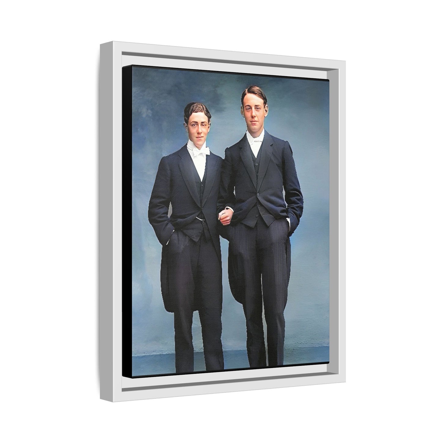 A framed vintage photo on matte canvas featuring a sophisticated LGBTQ+ couple in Rumson, NJ, capturing elegance and timeless love. Gay Formal Prom