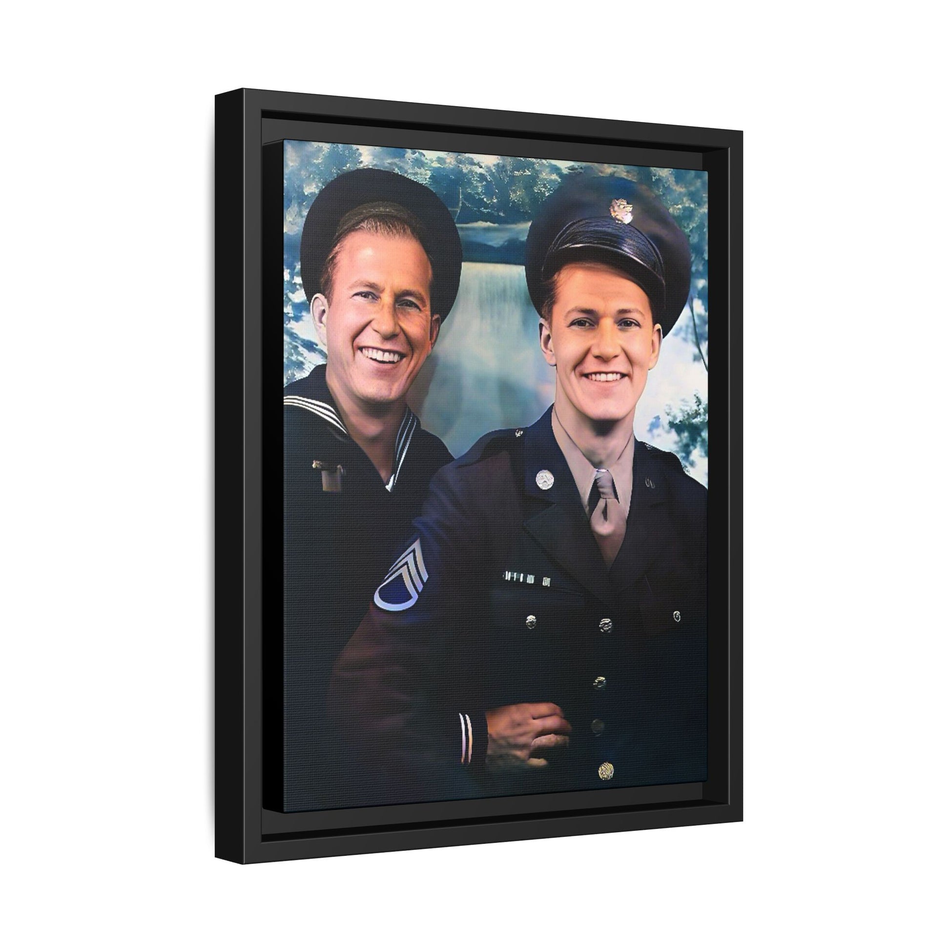 A framed vintage military portrait on matte canvas featuring a sailor and a soldier in Scapa Flow, Scotland, symbolizing service and camaraderie. Gay Couple