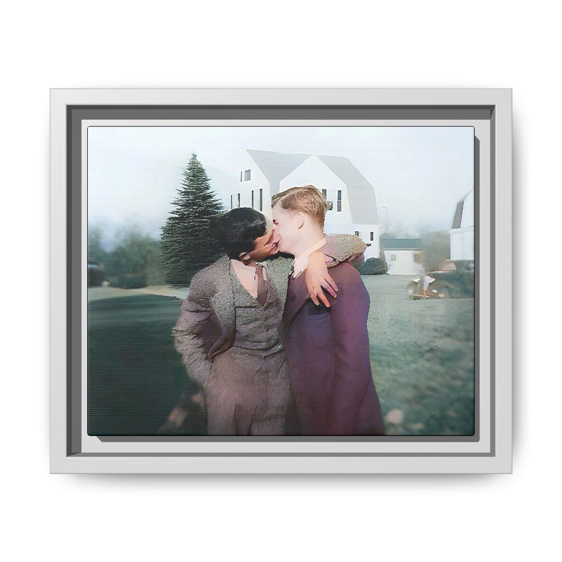 A vintage LGBTQ+ portrait of Milton & Shawn in Londonderry, NH. This framed matte canvas captures a timeless moment of love and resilience, making it a perfect piece for collectors, history enthusiasts, and those celebrating love in all forms. Gay Couple Art