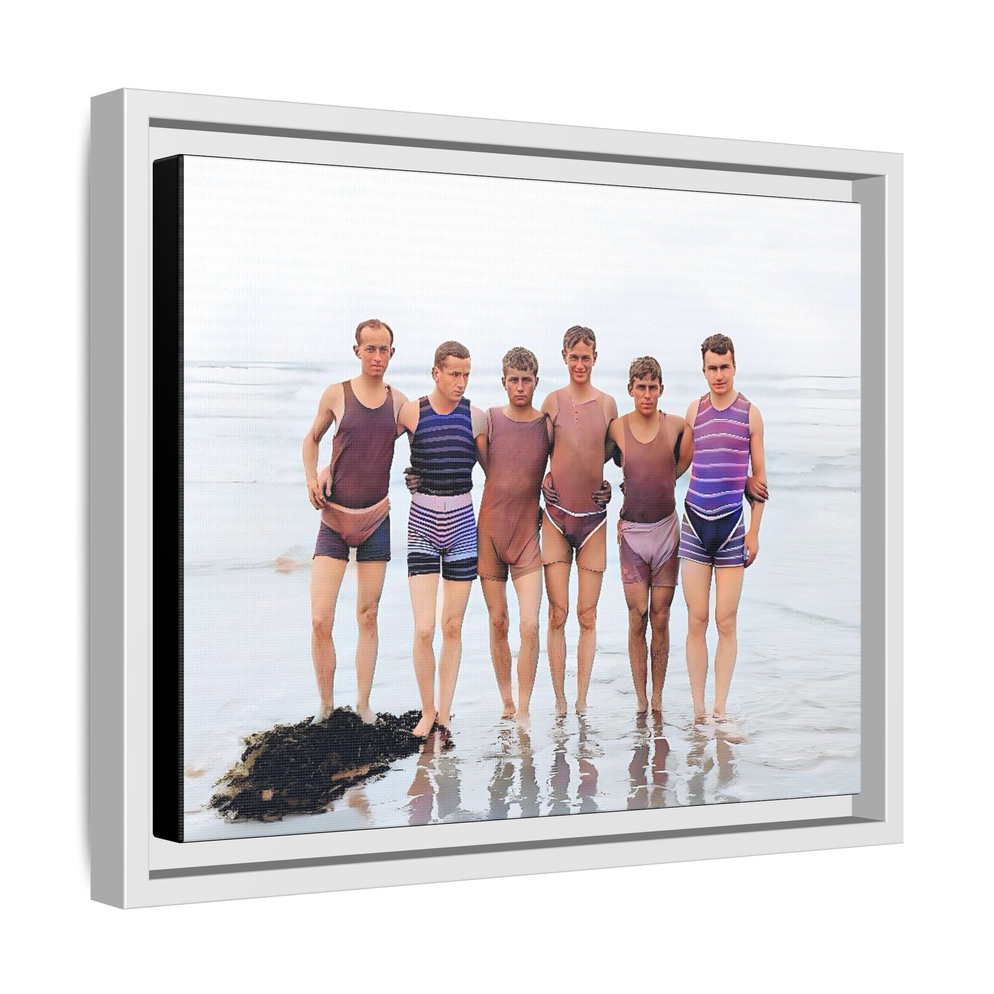 A framed vintage beach portrait on matte canvas featuring a joyful group at Herring Cove Beach, Provincetown, capturing timeless summer camaraderie.