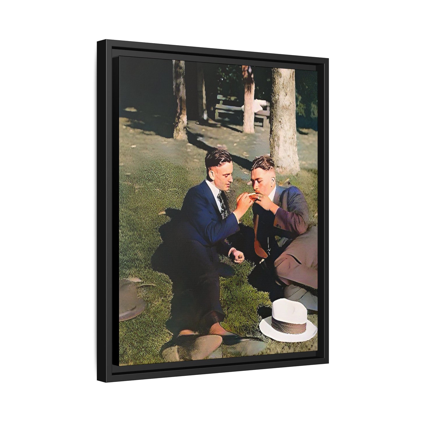 A framed vintage portrait on matte canvas featuring Oscar and Iván in Central Park, Manhattan, capturing timeless love and 1920s elegance. Gay Couple Queer History