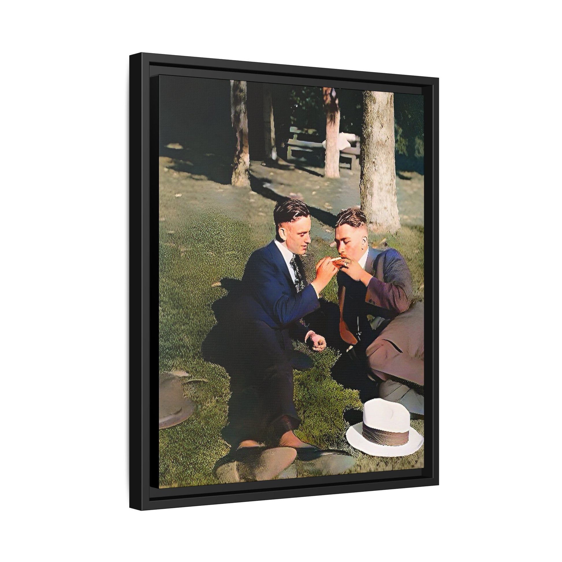 A framed vintage portrait on matte canvas featuring Oscar and Iván in Central Park, Manhattan, capturing timeless love and 1920s elegance. Gay Couple Queer History