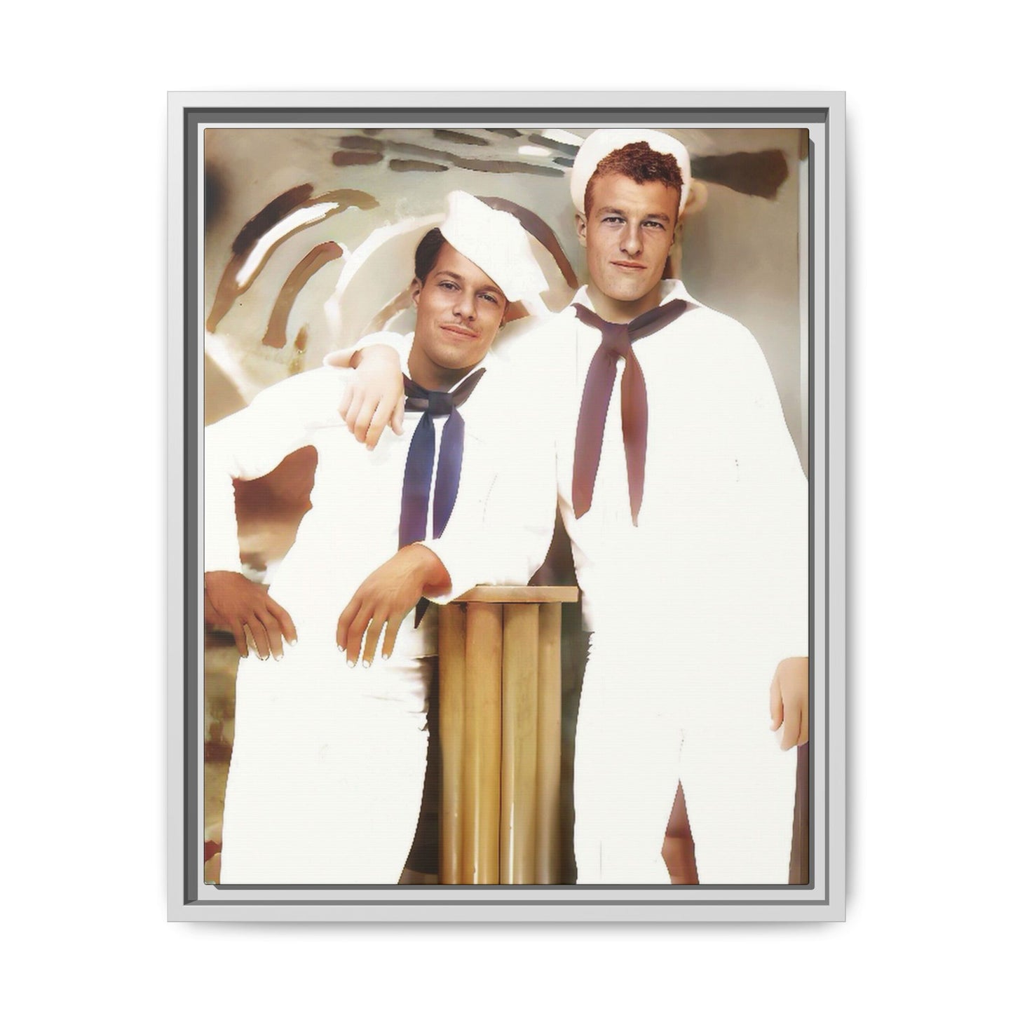 Vintage portrait of Leo & Russel aboard the USS South Dakota. Dressed in crisp naval whites, this LGBTQ+ military art print honors love, service, and history. A perfect addition for collectors, history lovers, and those who cherish authentic connections. African American Gay Juneteenth Black History Month Love Couple