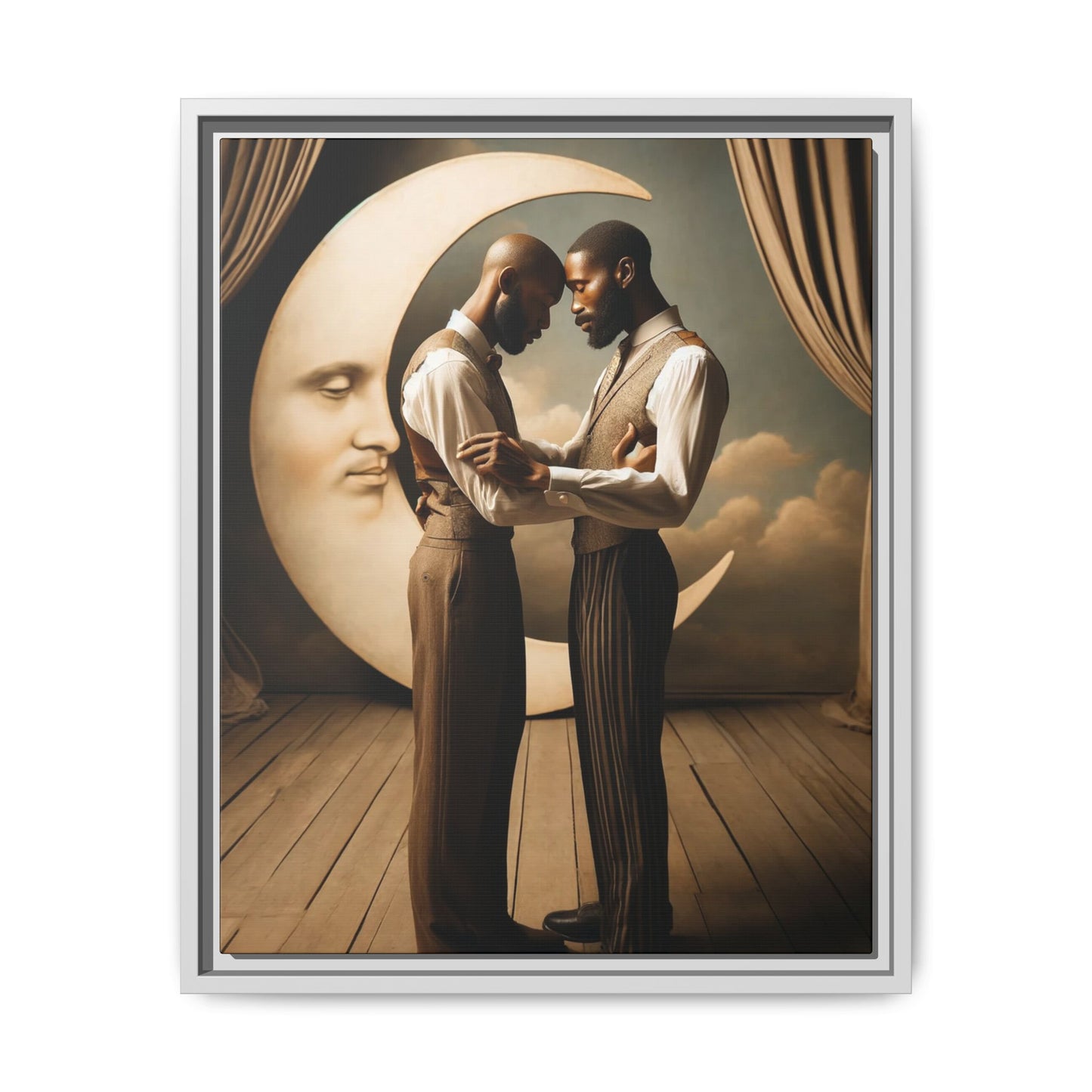 Two Black men in vintage 1920s clothing stand forehead to forehead, embraced beneath a glowing crescent moon. A theatrical scene honoring queer love, memory, and history, reclaiming moments that were never captured due to cultural bias.